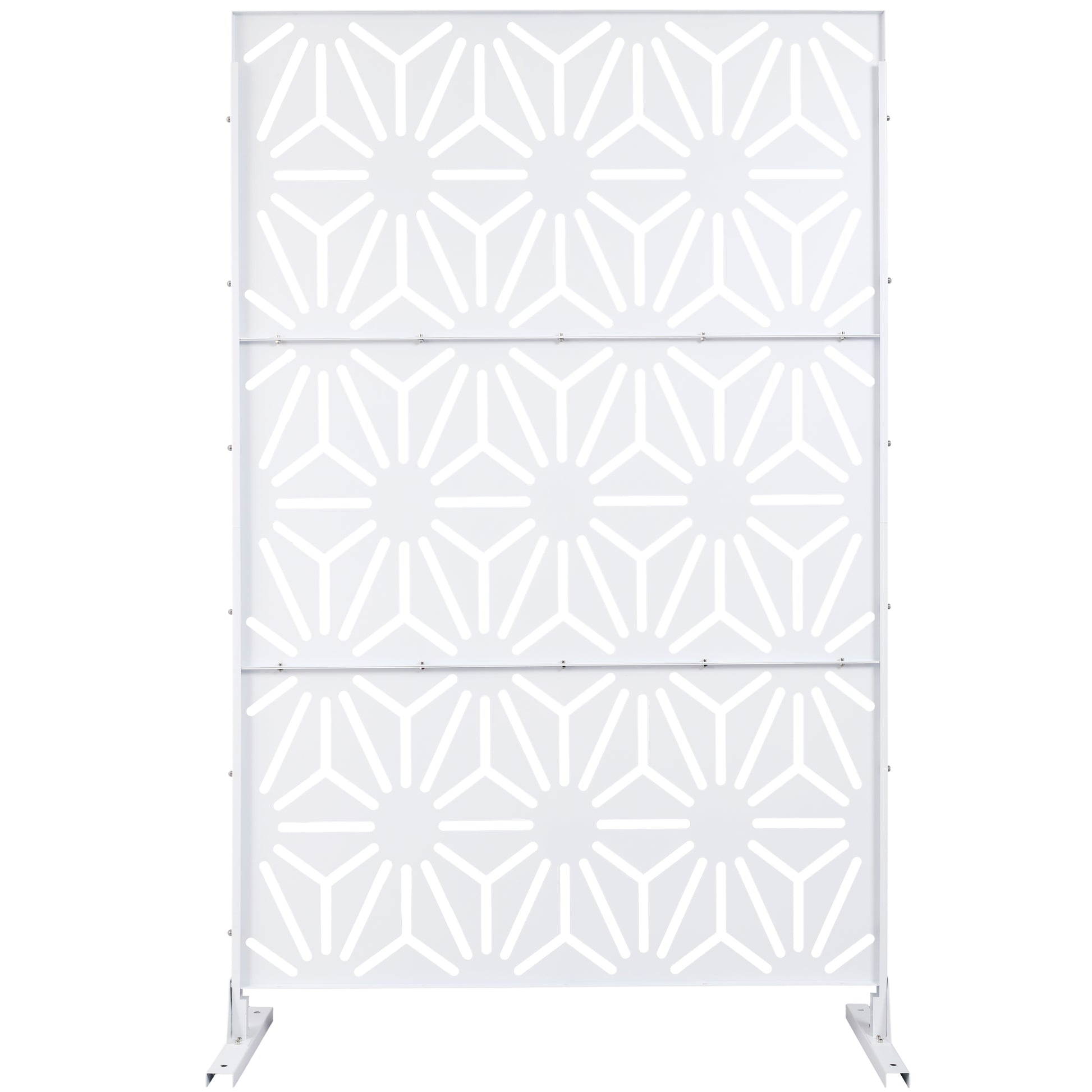 White metal privacy screen with geometric pattern for patio use