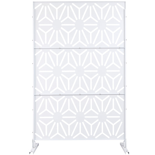 White metal privacy screen with geometric pattern for patio use