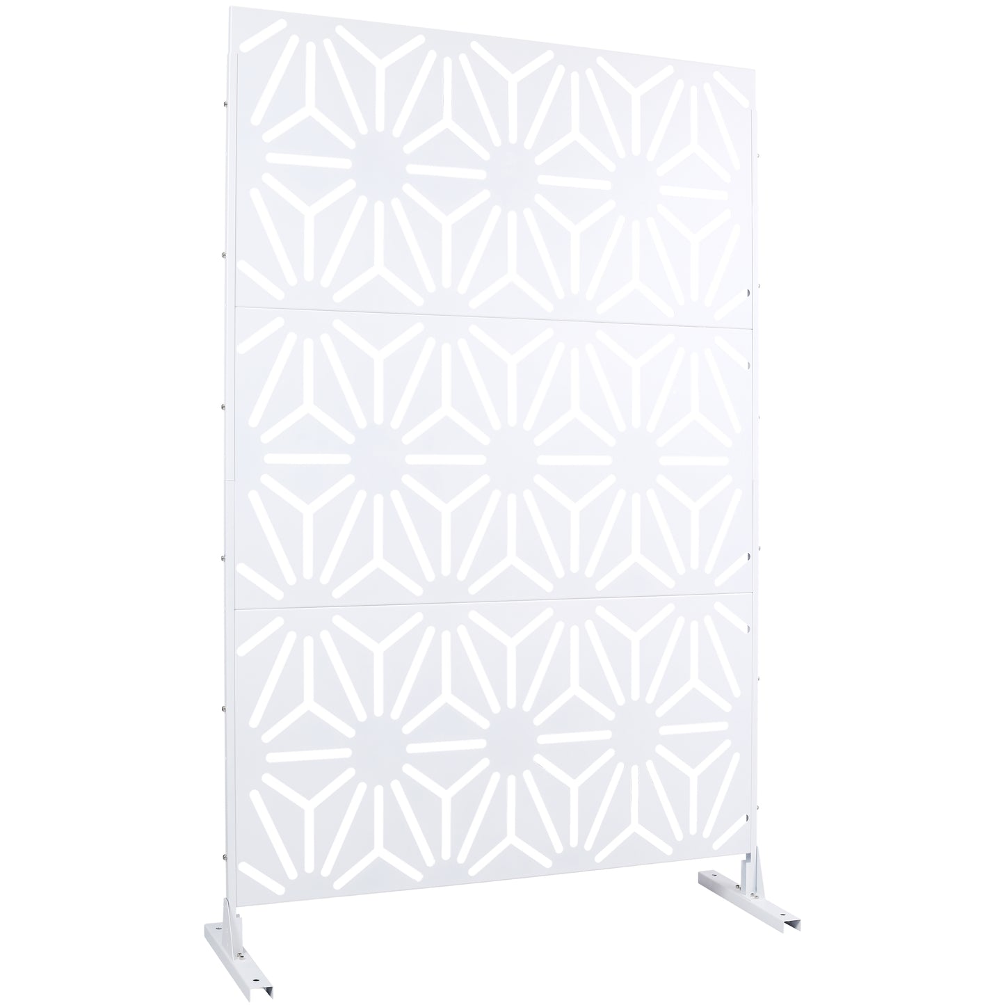 White metal decorative screen with geometric starburst pattern