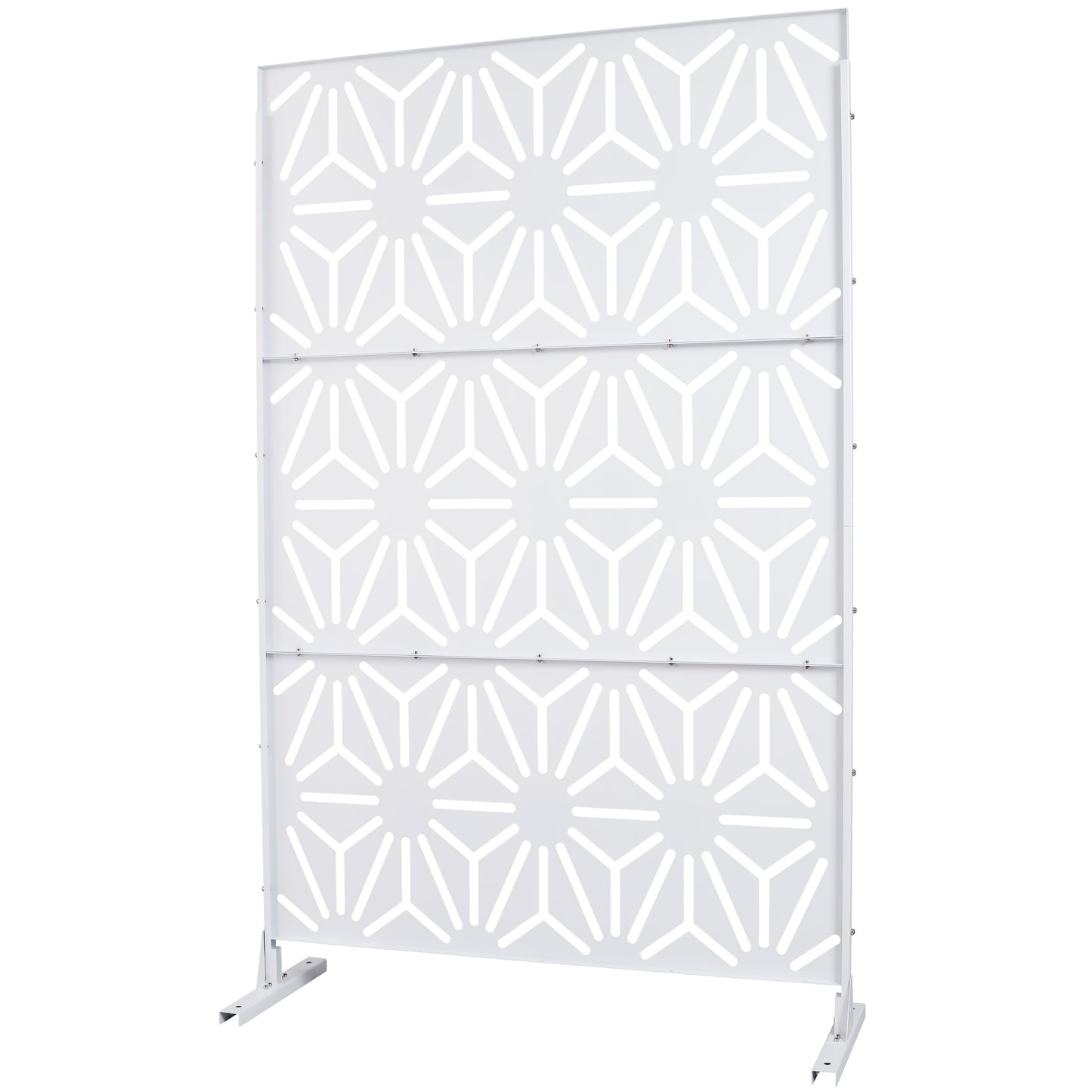 White geometric room divider with white metal frame and decorative cutouts