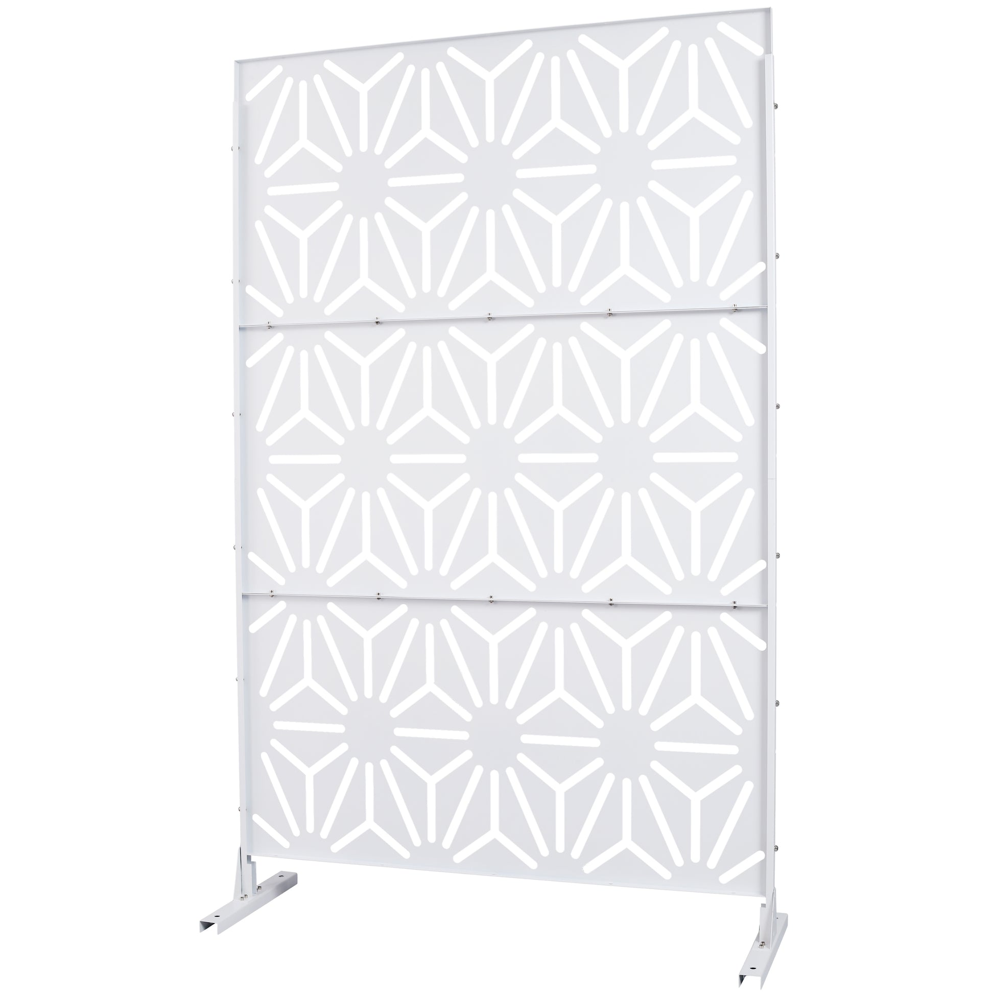 White geometric room divider with white metal frame and decorative cutouts