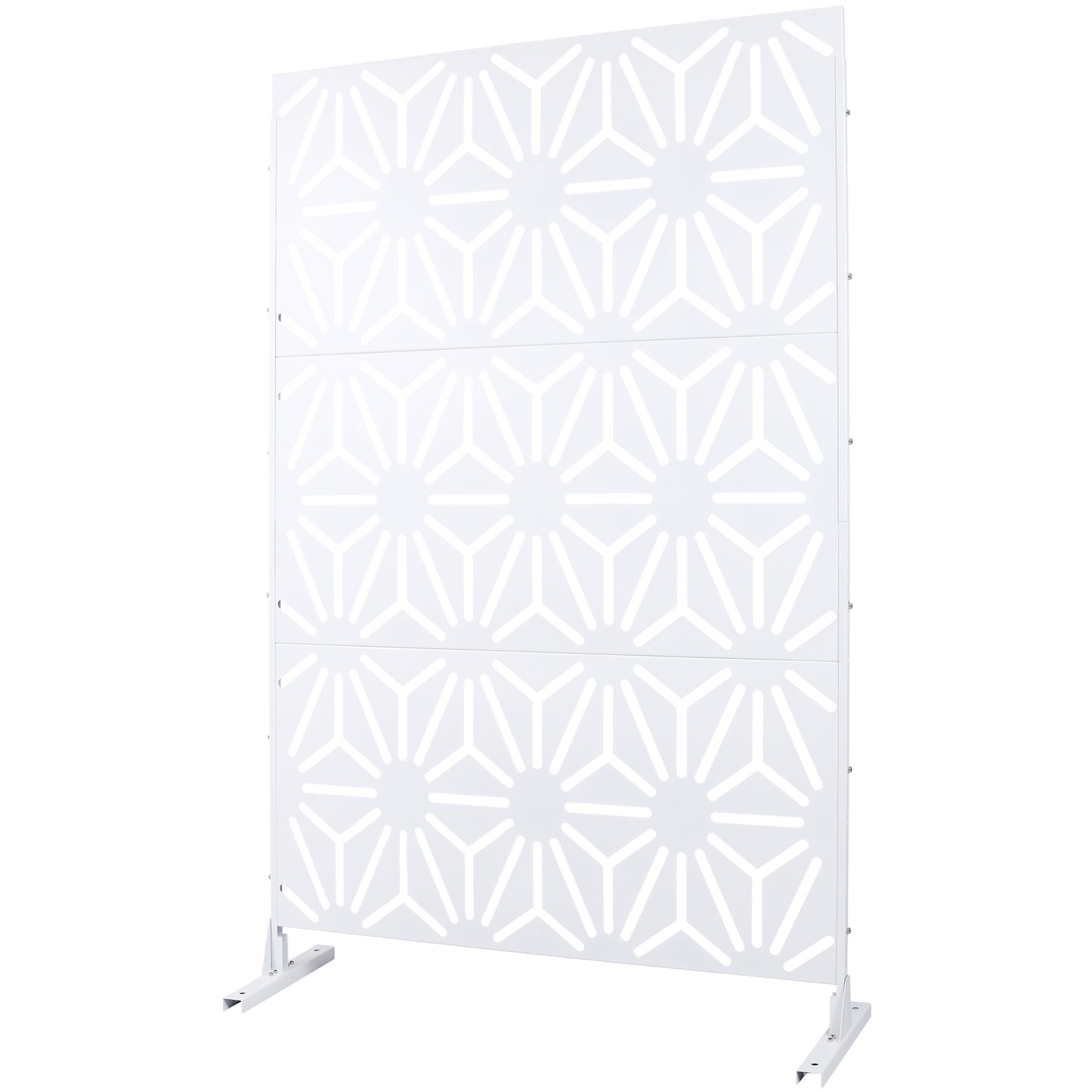 White geometric metal garden screen with a modern trellis design for outdoor privacy