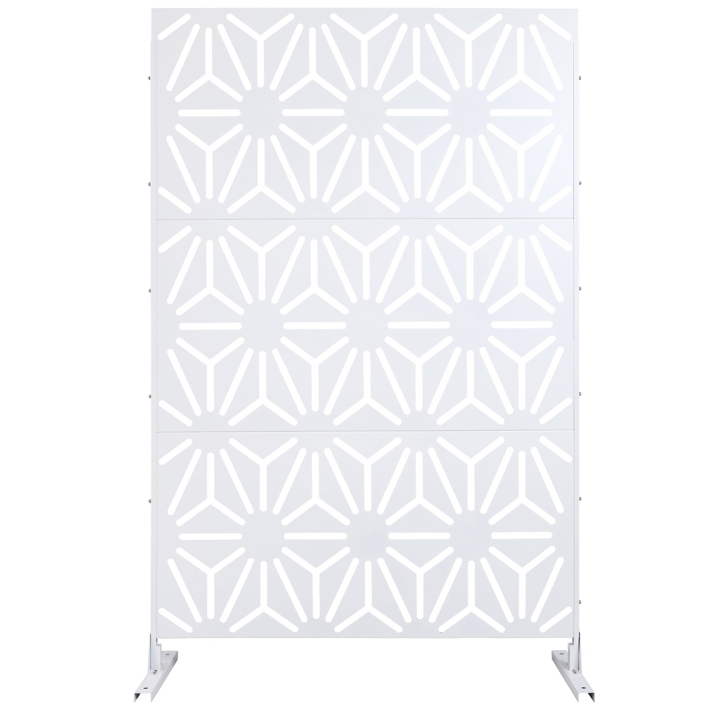 White metal garden screen with geometric starburst pattern