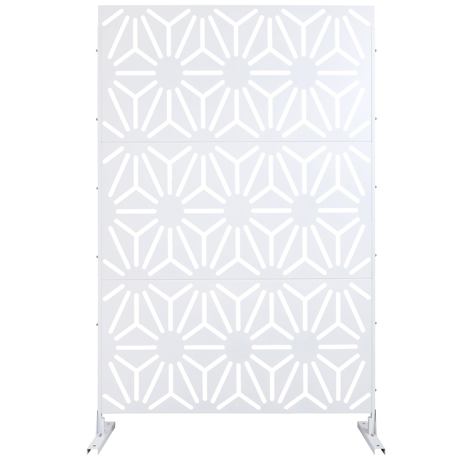 White metal garden screen with geometric starburst pattern
