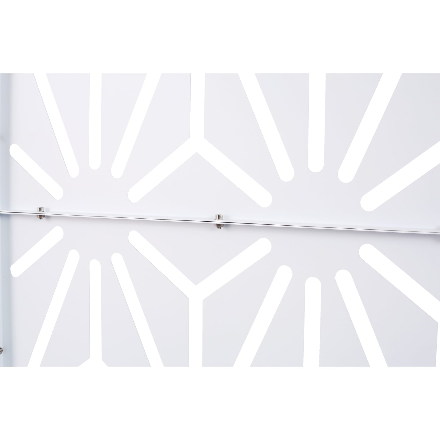White metal screen panel with a geometric pattern of cutouts and a sleek horizontal support bar