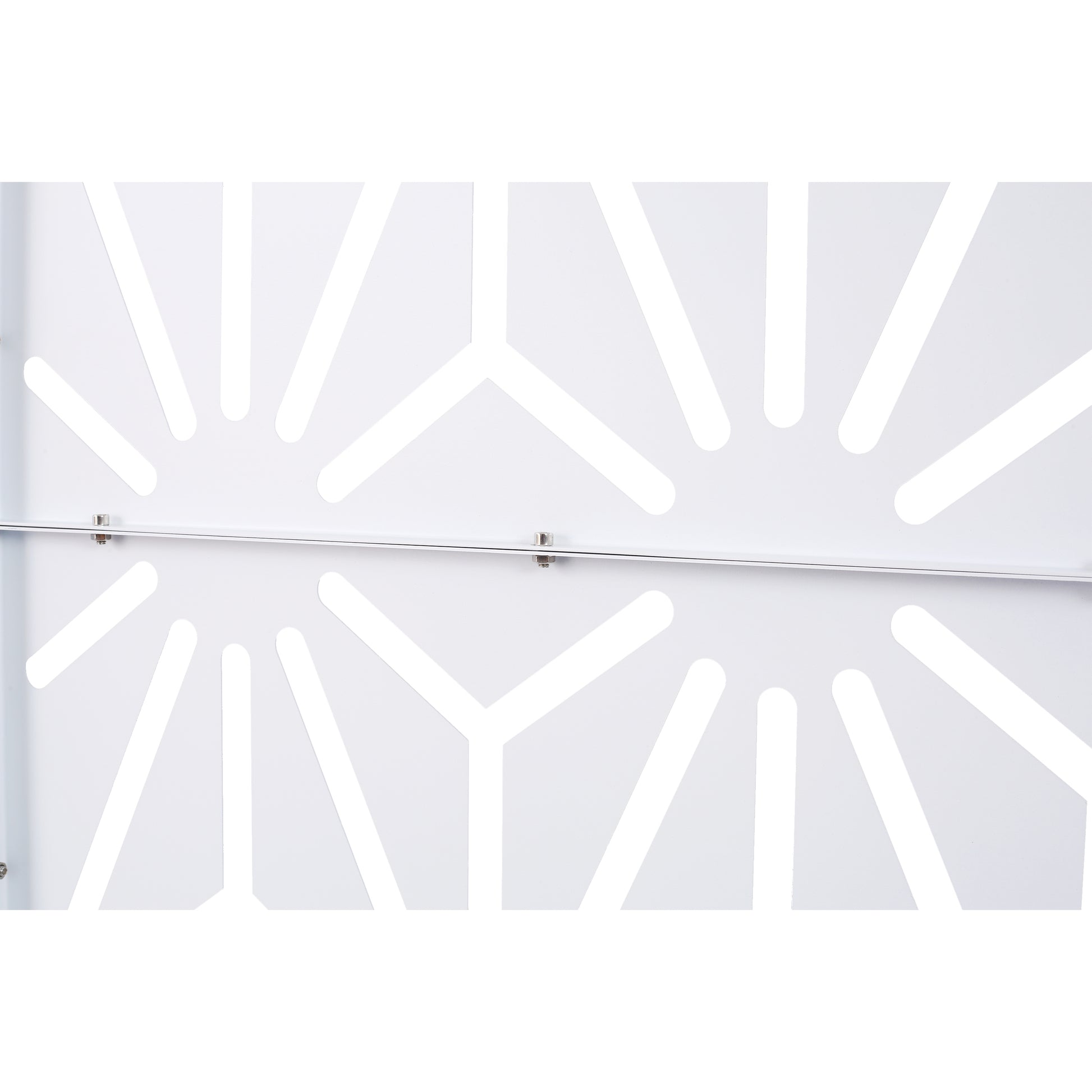 White metal screen panel with a geometric pattern of cutouts and a sleek horizontal support bar