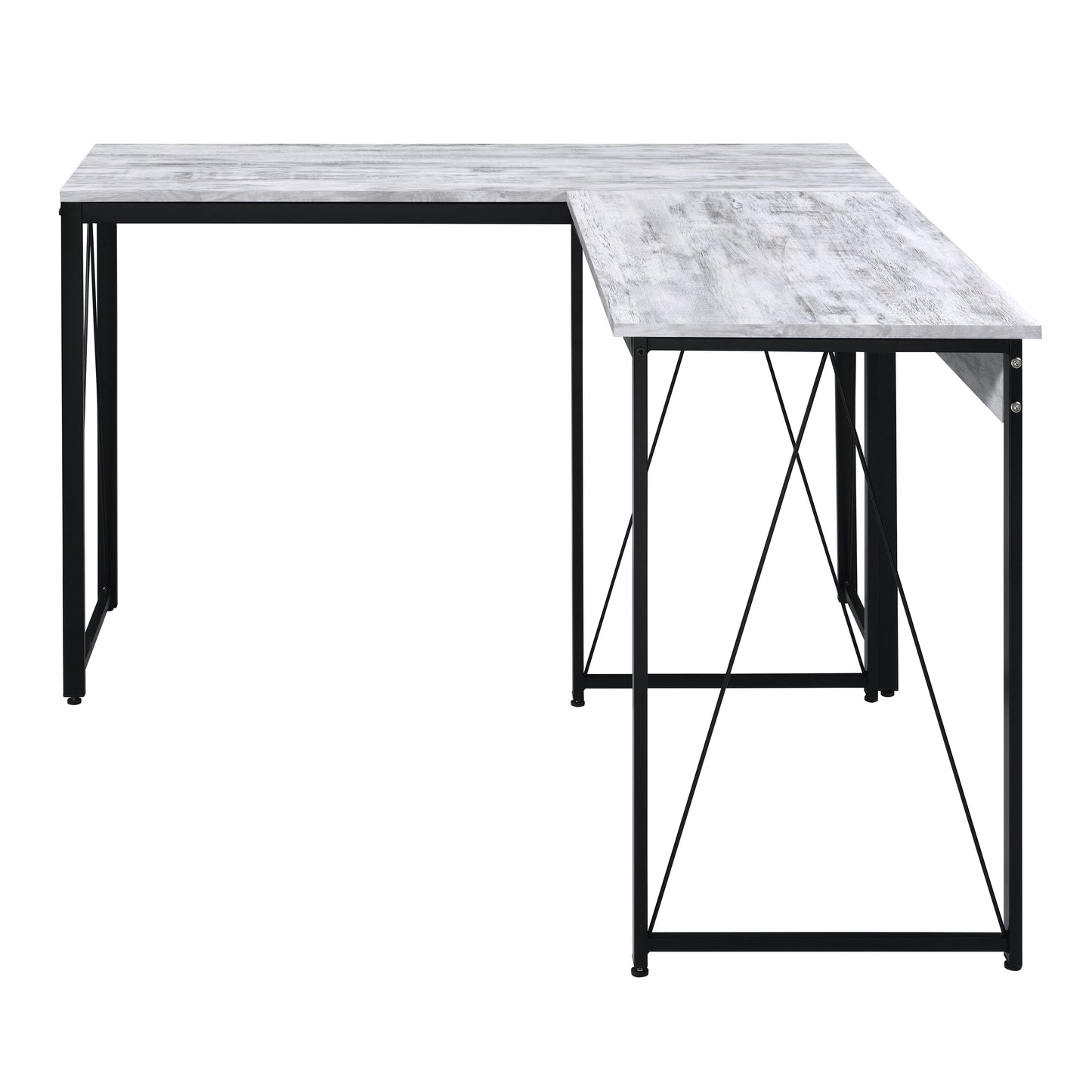 Modern Lshaped desk with distressed white wood finish and black metal frame perfect for home office