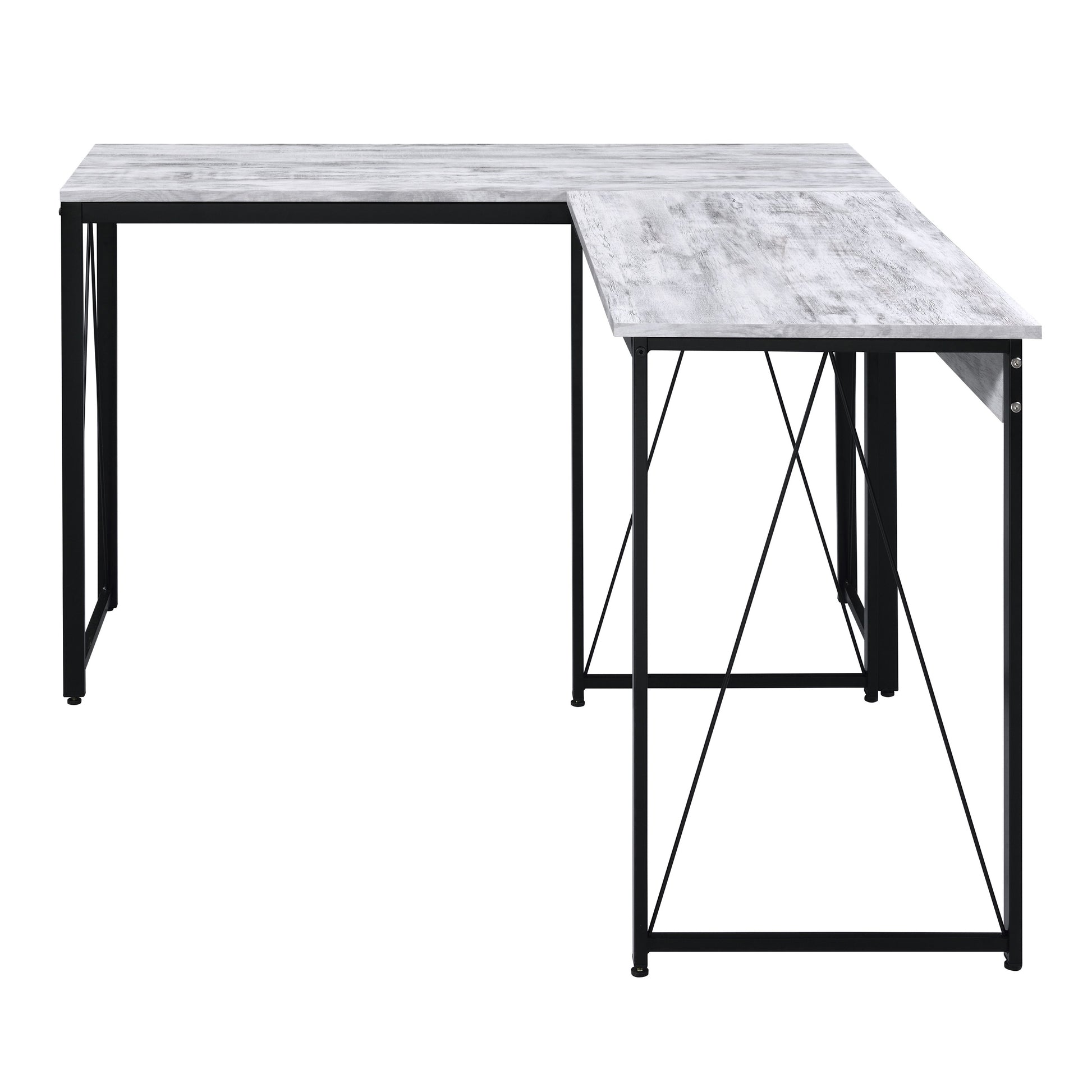 Modern Lshaped desk with distressed white wood finish and black metal frame perfect for home office