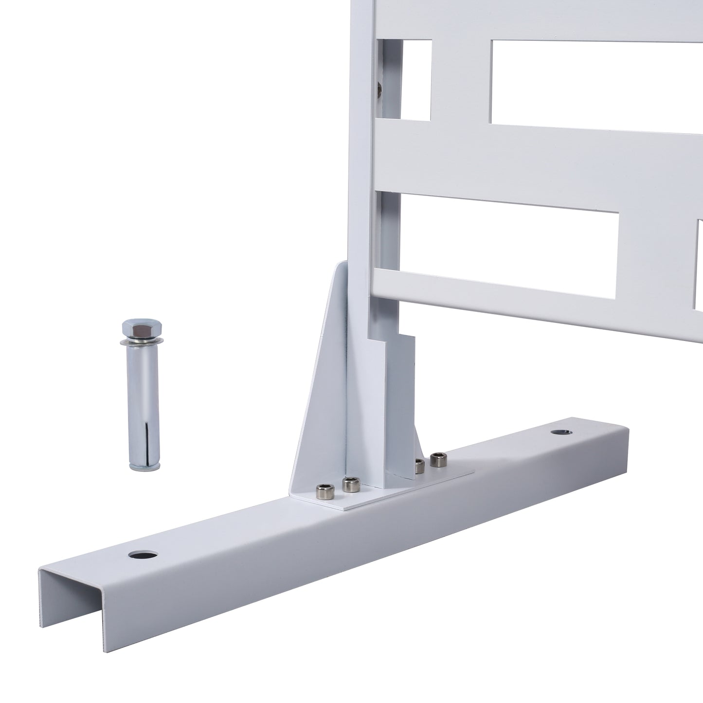 White metal fence panel support bracket with bolt and anchor