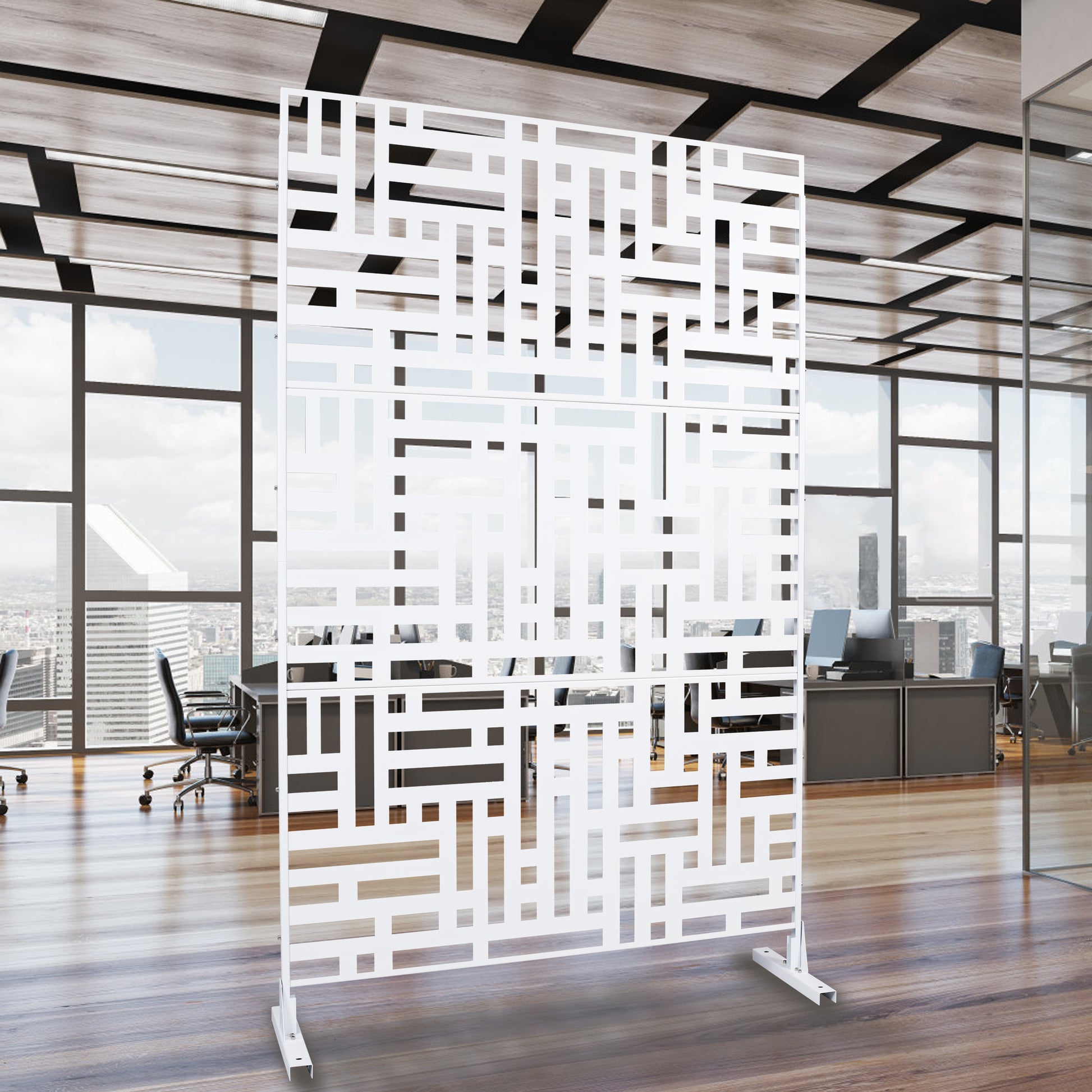 White decorative room divider with a geometric lasercut pattern ideal for modern spaces