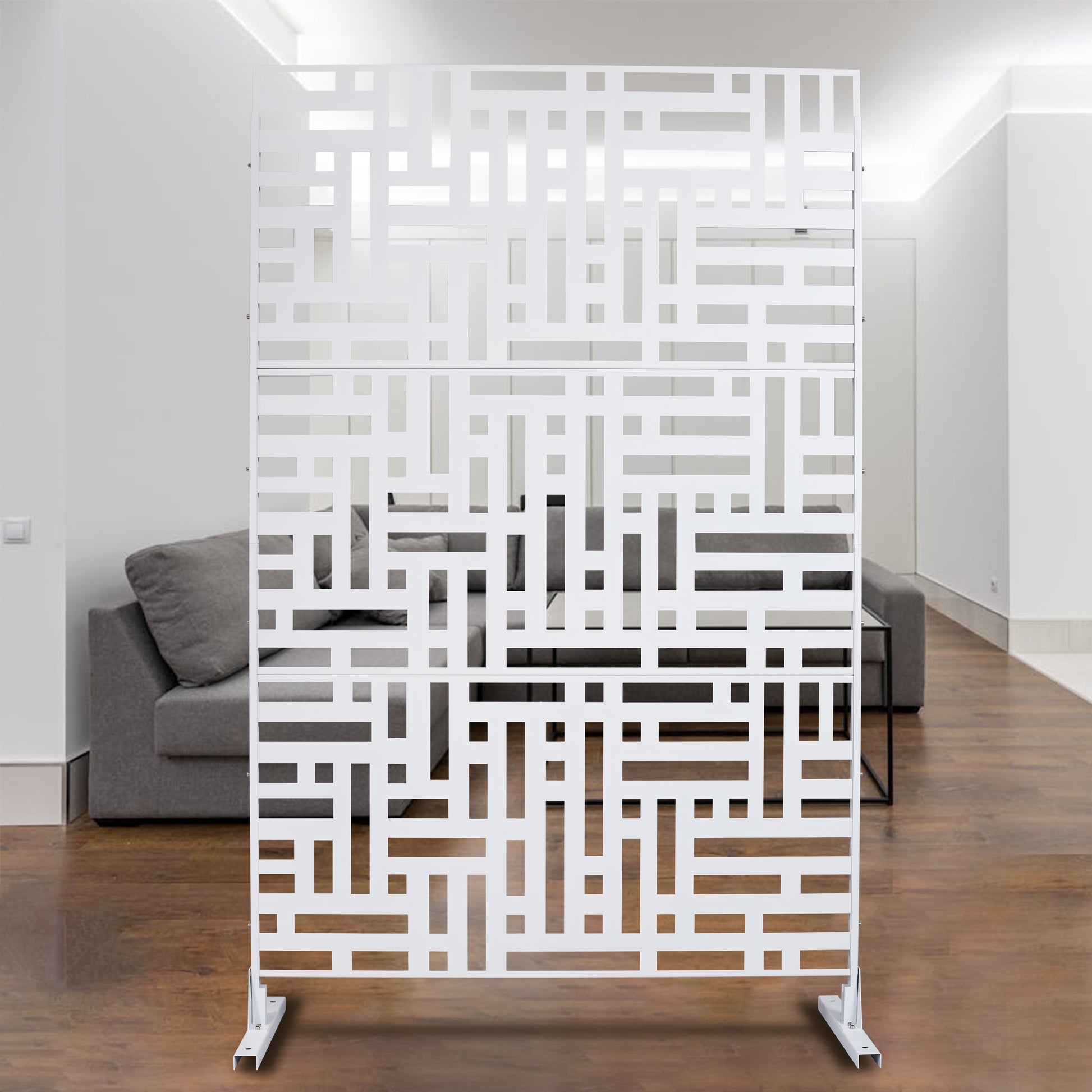 White geometric room divider screen with a modern lattice pattern for privacy