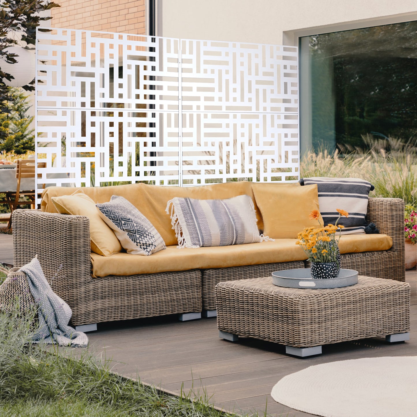White geometric lasercut outdoor privacy screen panel with a modern maze pattern