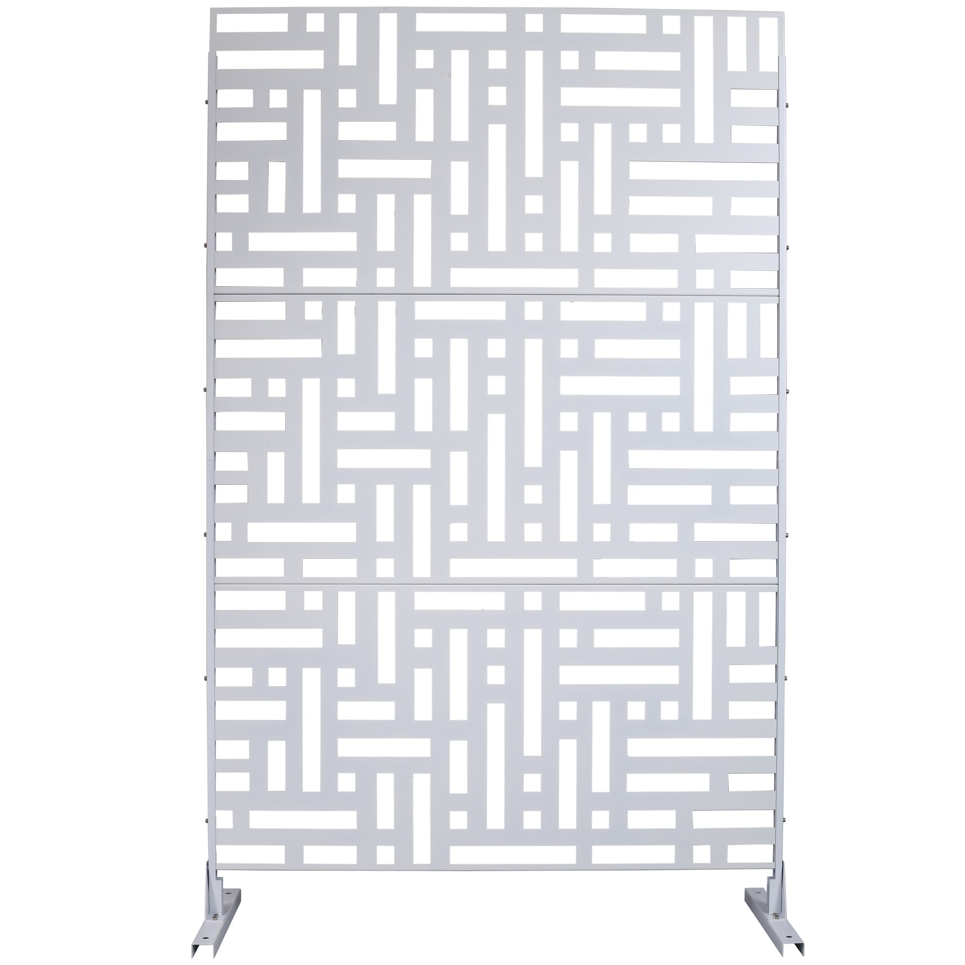 Silver metal outdoor privacy screen with geometric cutout pattern
