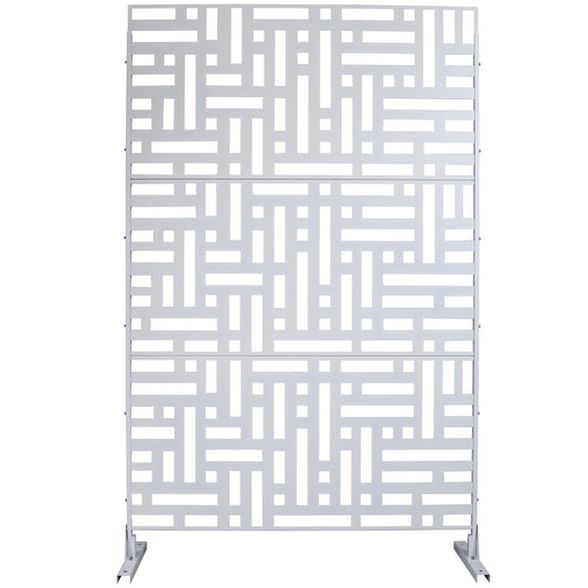 Silver metal outdoor privacy screen with geometric cutout pattern