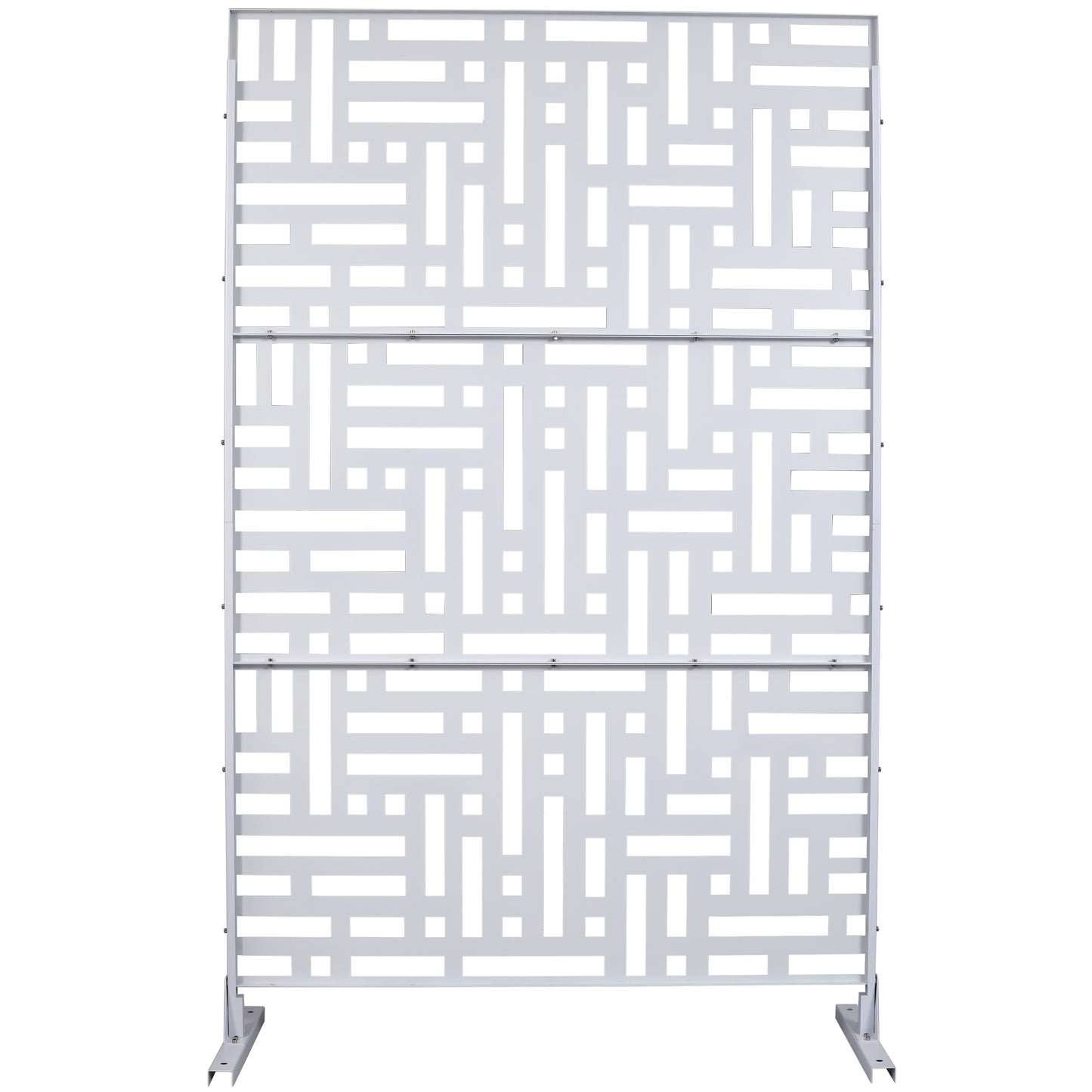 White metal privacy screen with geometric pattern ideal for outdoor patios