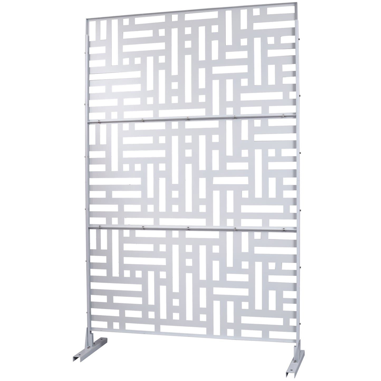 Contemporary white metal room divider screen with geometric cutouts and a sleek design