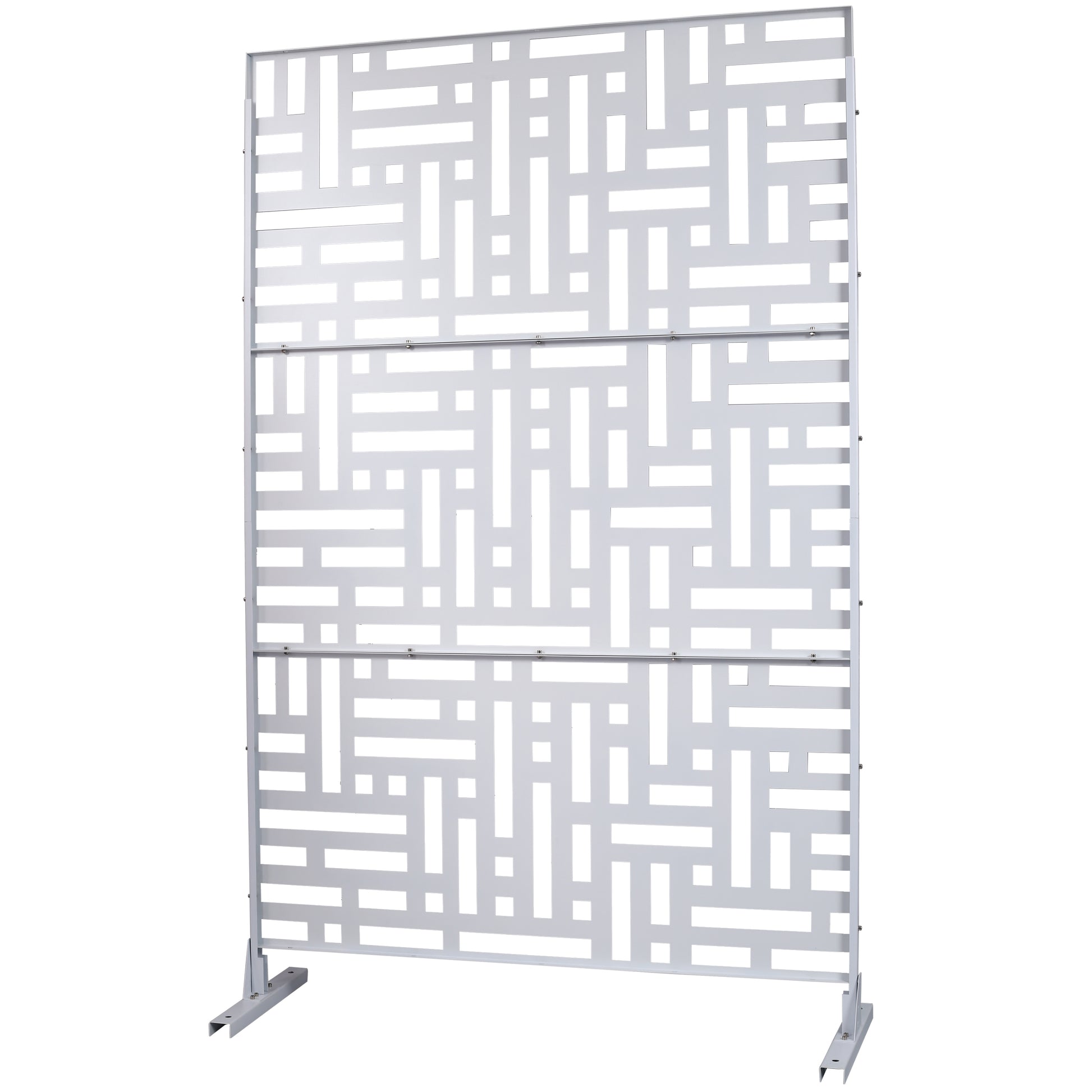 Contemporary white metal room divider screen with geometric cutouts and a sleek design