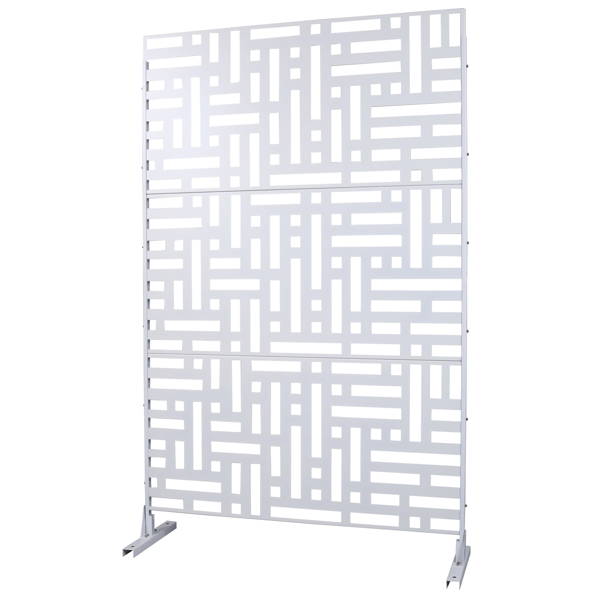 White geometric metal privacy screen with interlocking rectangular cutouts