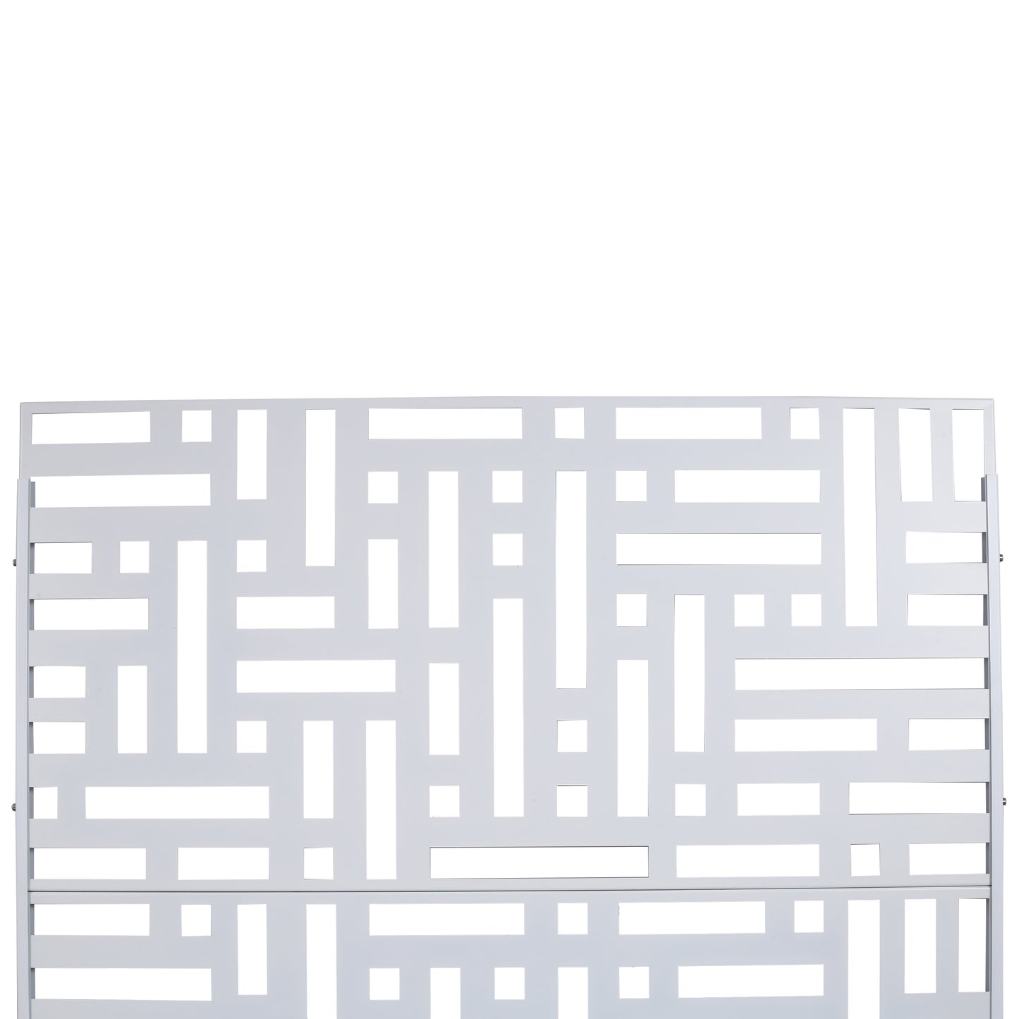 Modern white metal garden screen with geometric cutouts