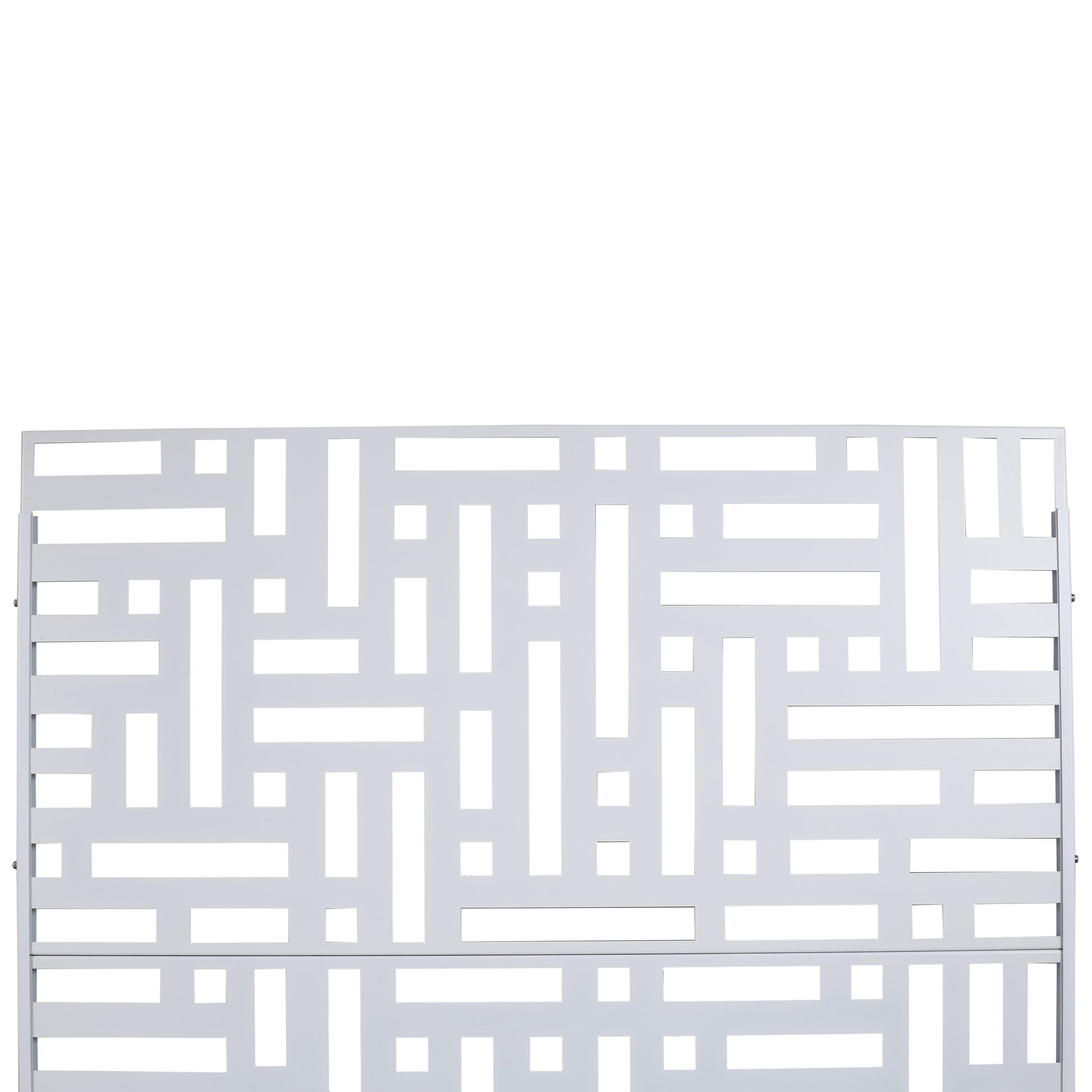 Modern white metal garden screen with geometric cutouts