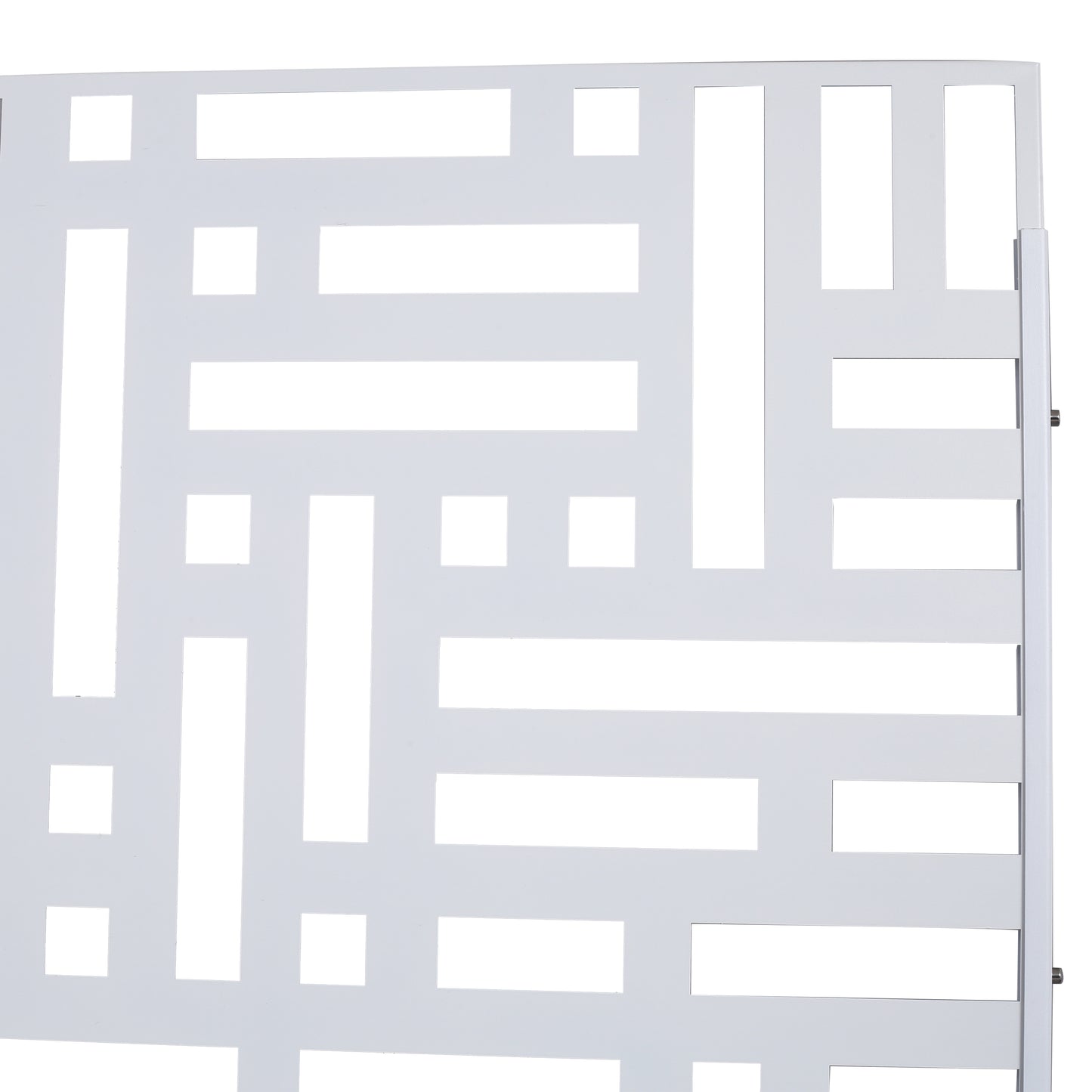 White metal privacy screen panel with a geometric lattice design perfect for patios