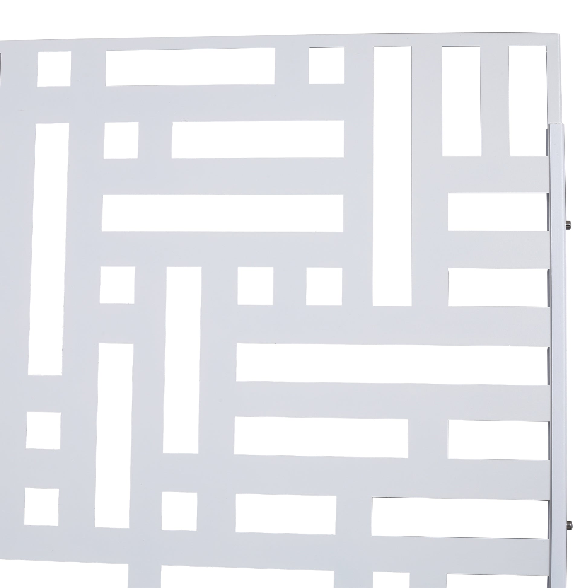 White metal privacy screen panel with a geometric lattice design perfect for patios