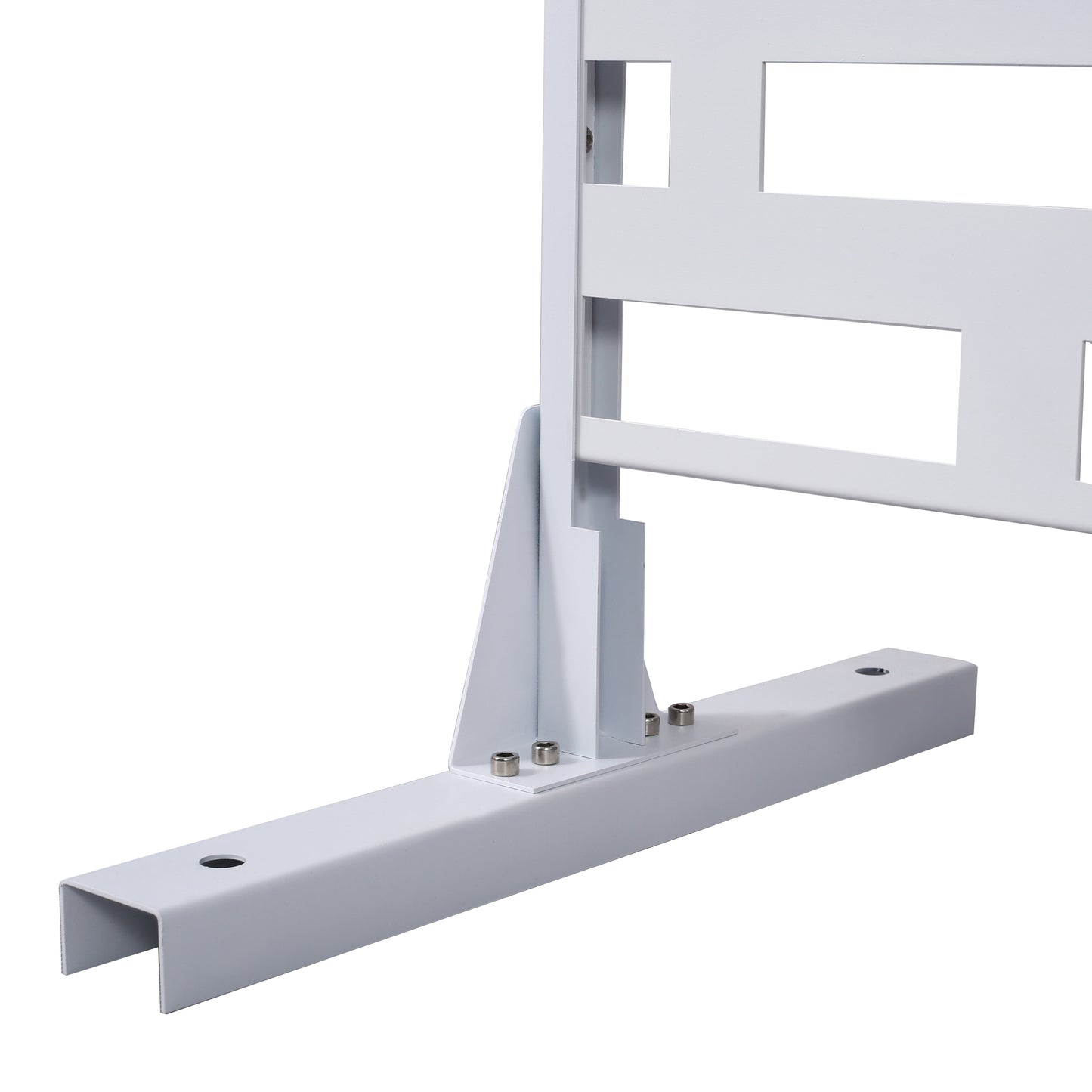 White metal barricade base with secure bolt attachments for stable event setup