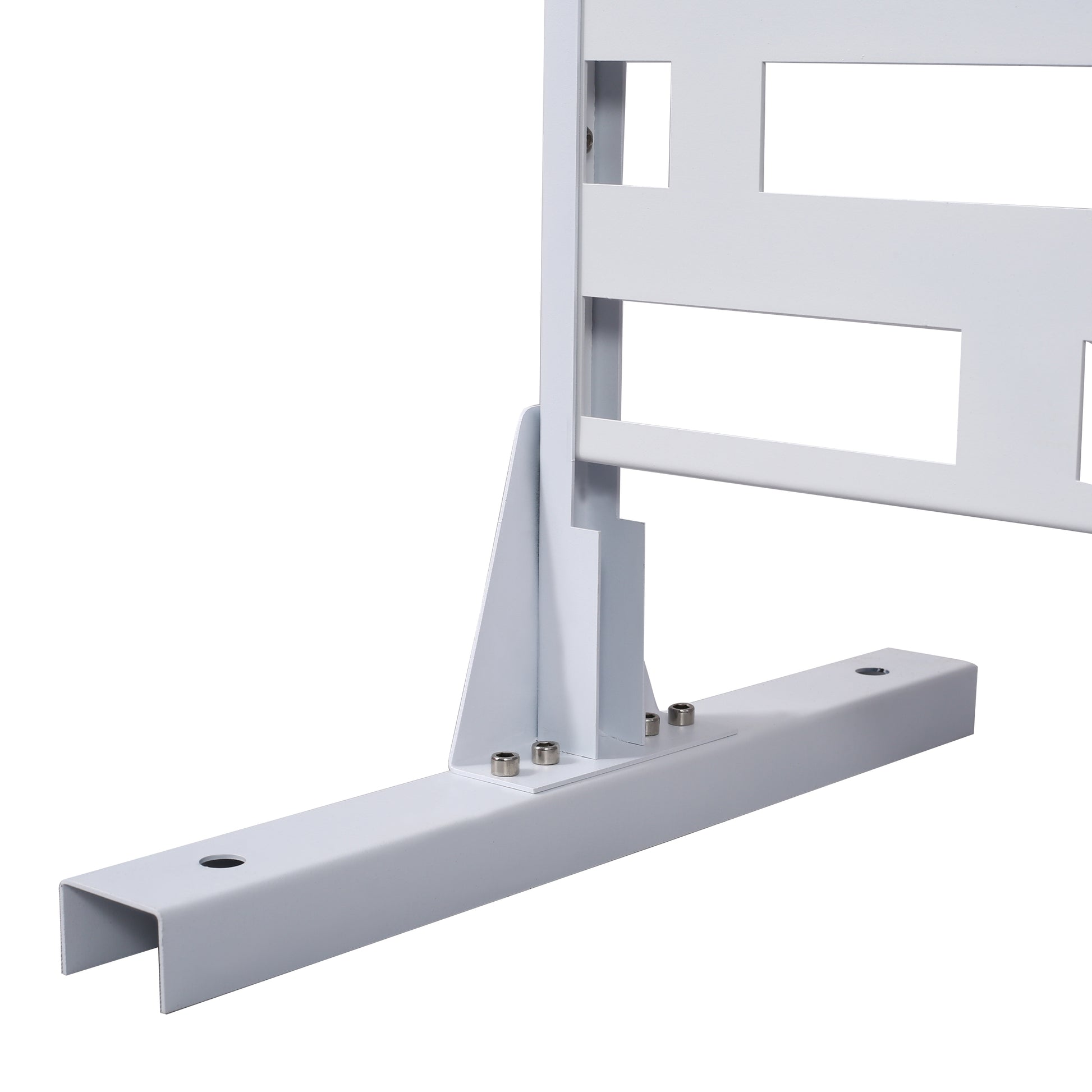 White metal barricade base with secure bolt attachments for stable event setup