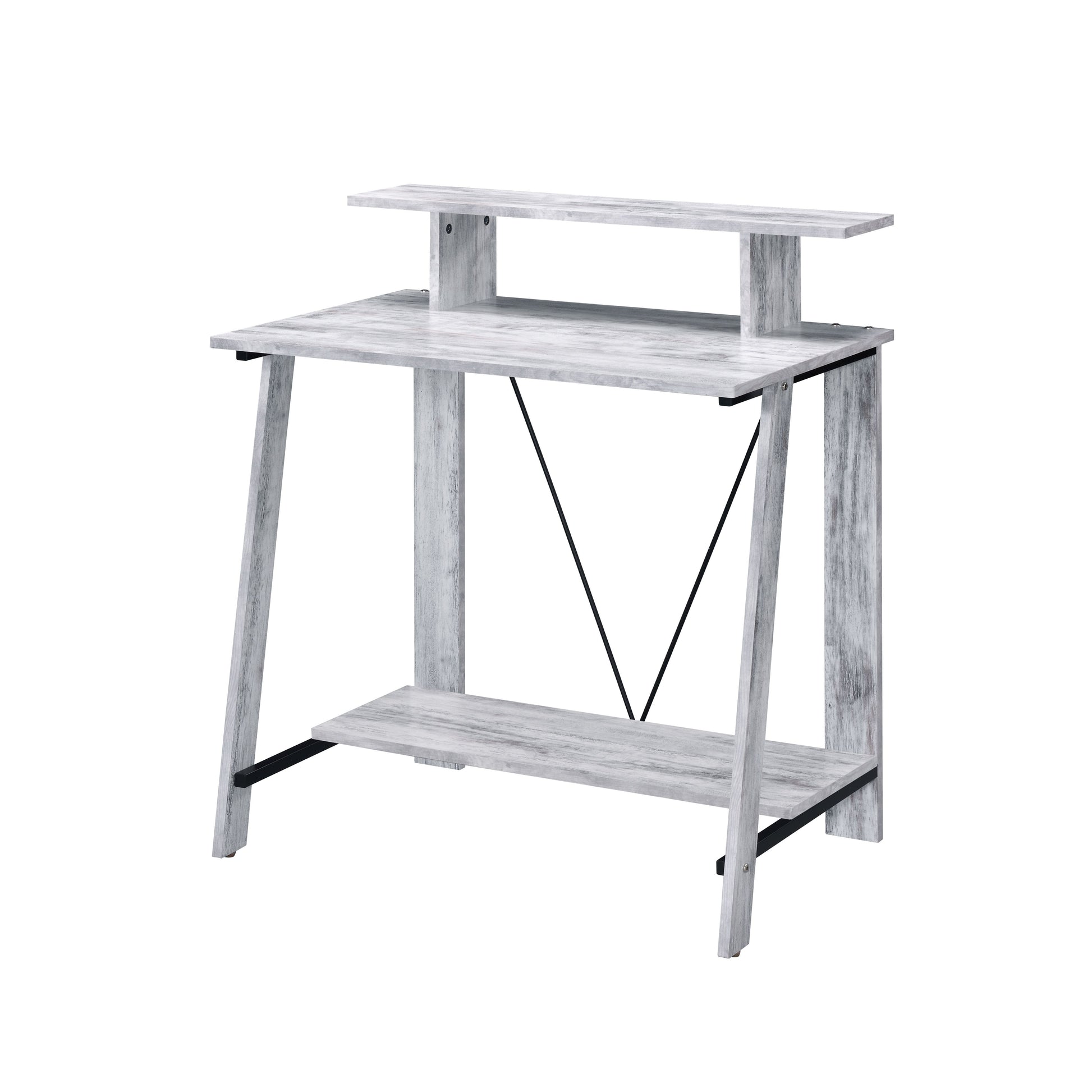 Rustic grey wood computer desk with elevated monitor shelf and lower storage