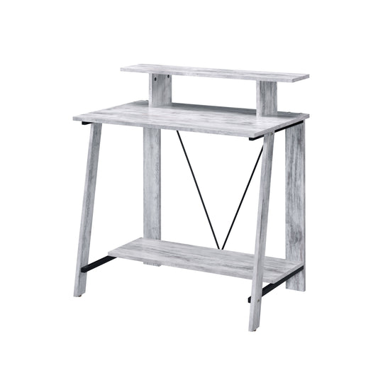 Rustic grey wood computer desk with elevated monitor shelf and lower storage