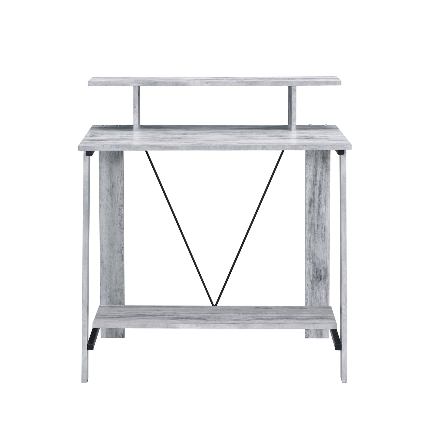 Rustic grey wash wood computer desk with dual shelves and black metal support