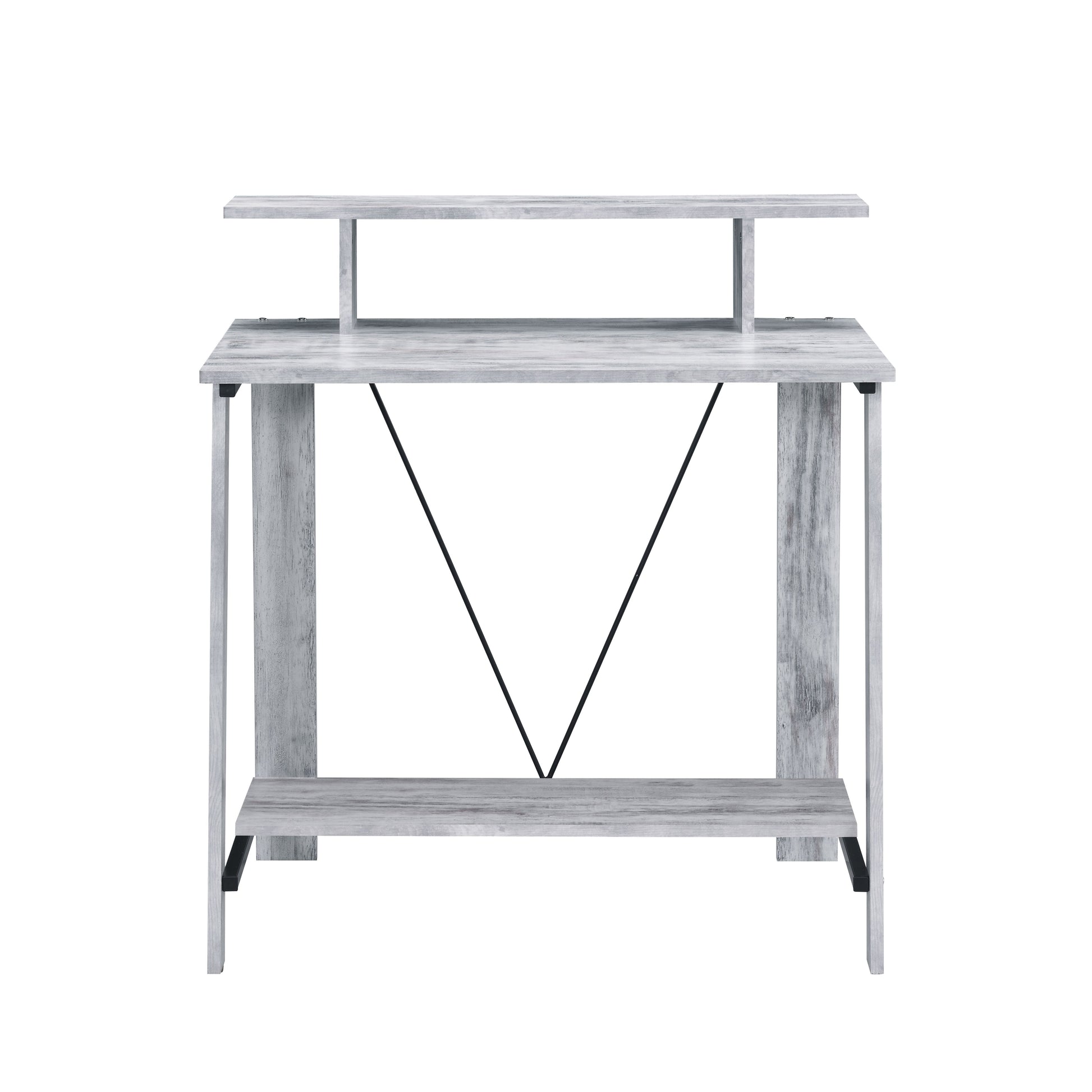 Rustic grey wash wood computer desk with dual shelves and black metal support