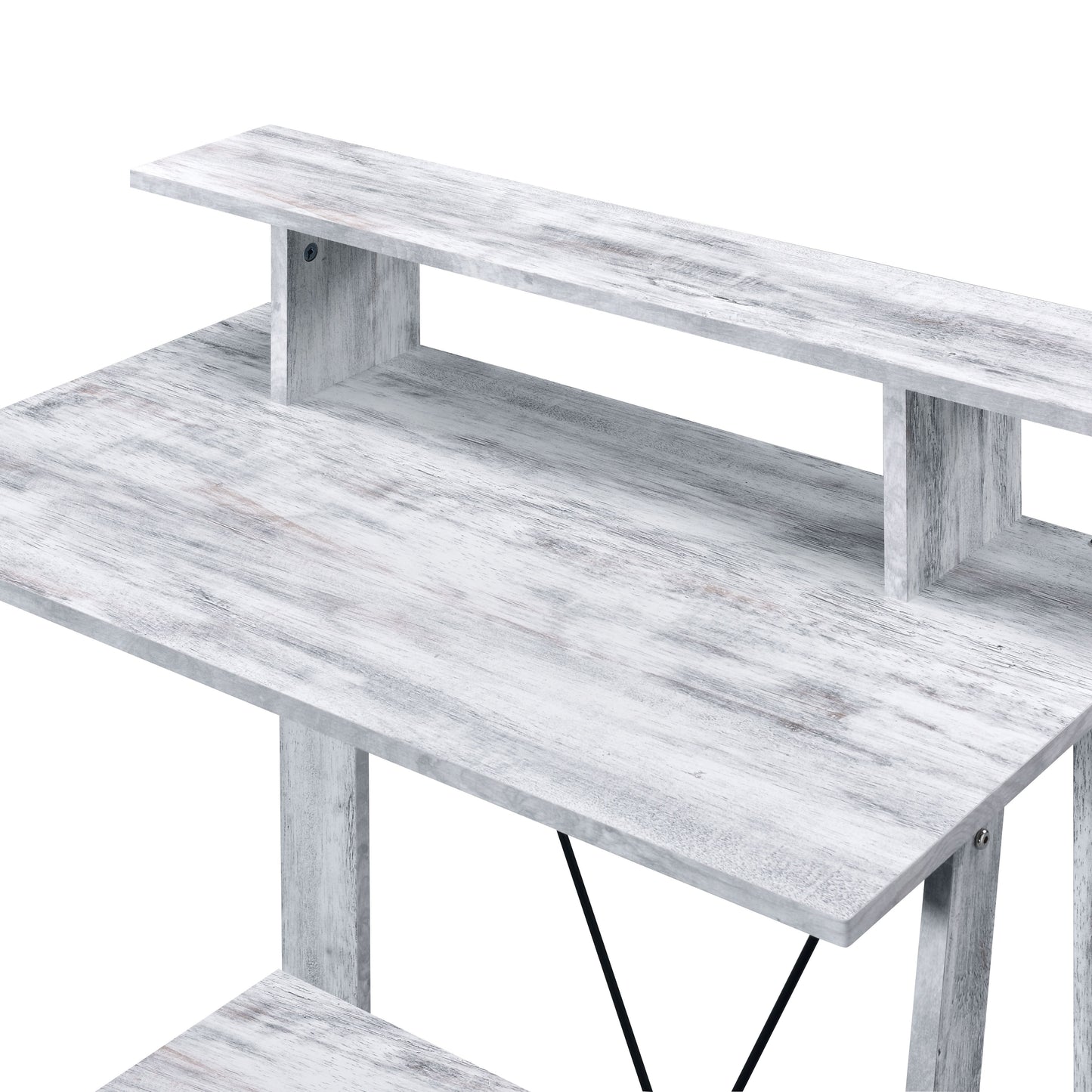 Rustic white washed wood desk with two tiered shelves and metal supports