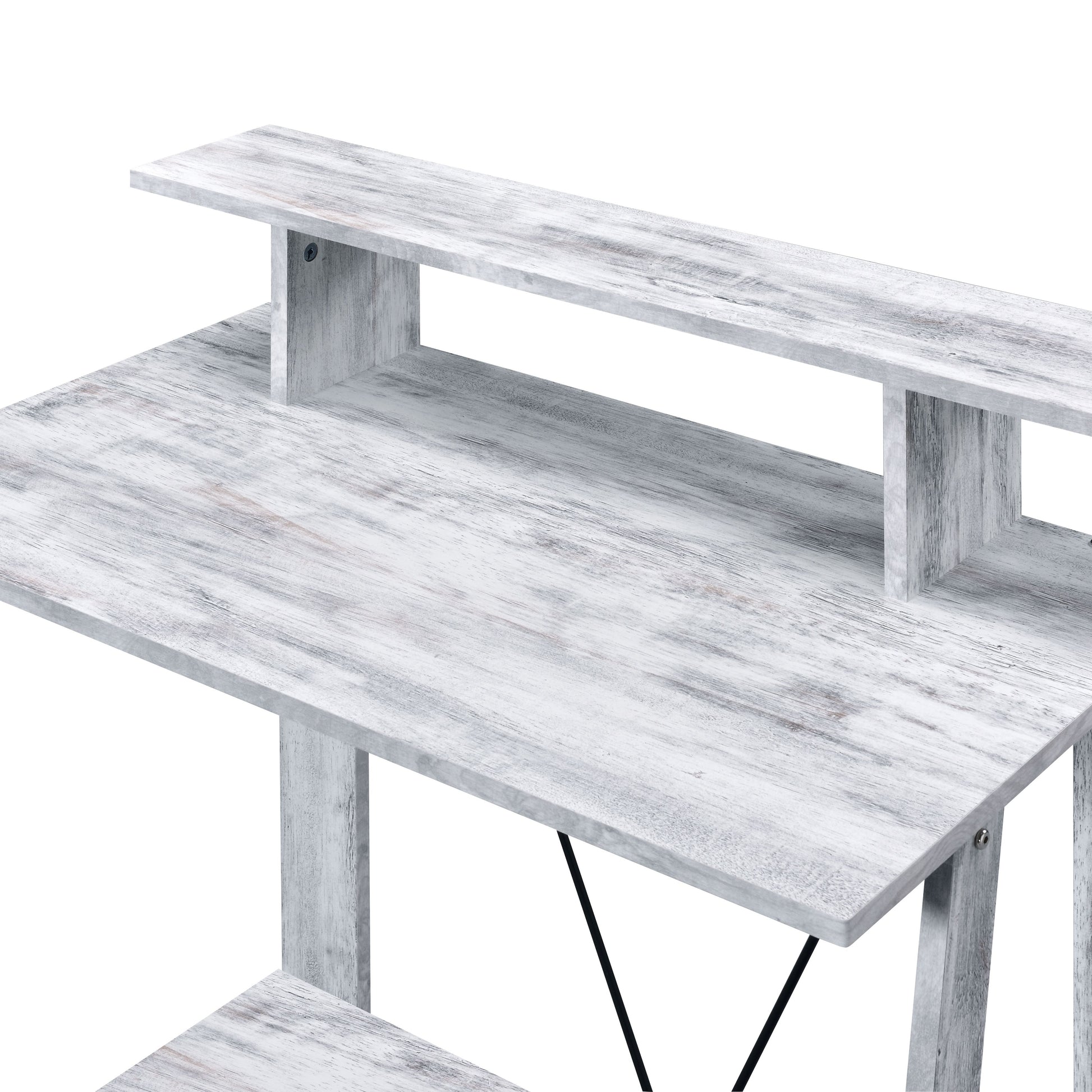 Rustic white washed wood desk with two tiered shelves and metal supports