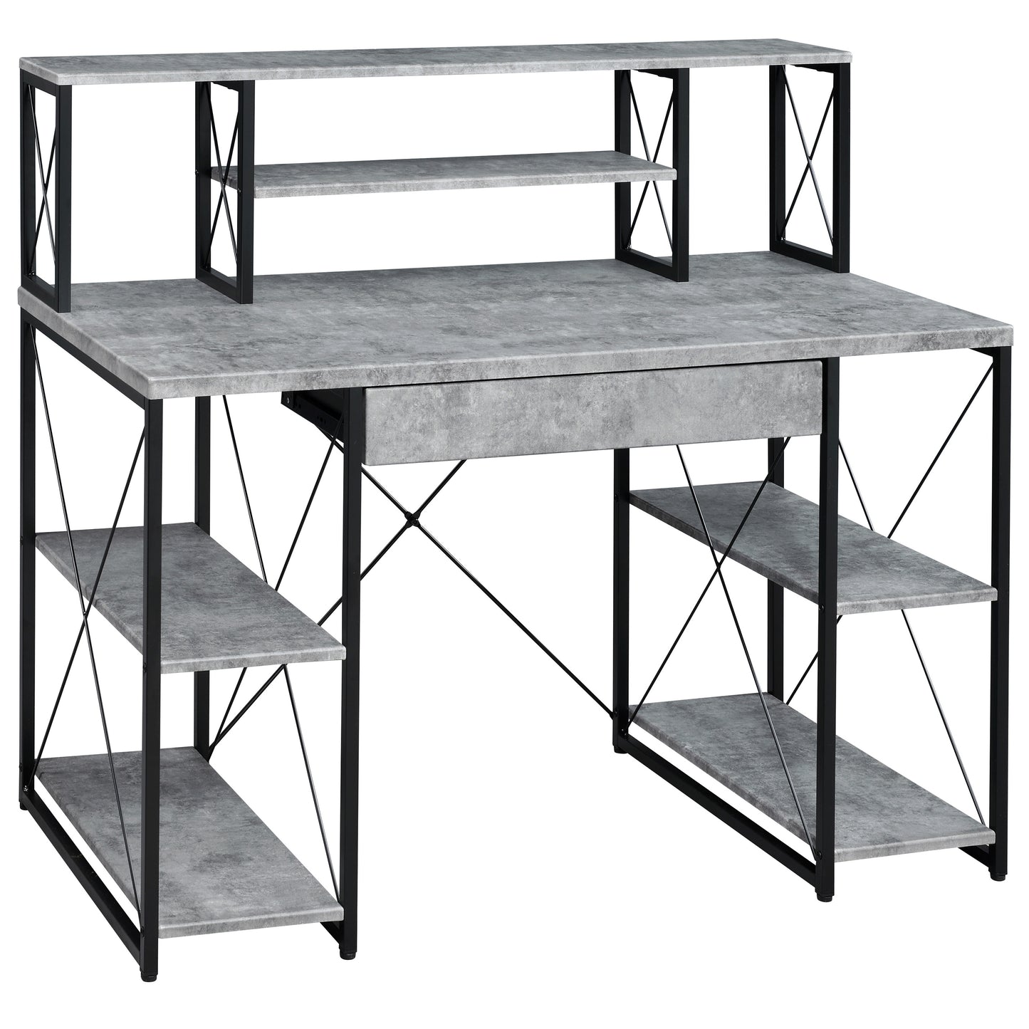 Industrial style desk with gray concrete finish and black metal frame perfect for home office