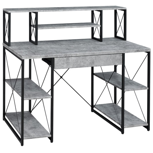 Industrial style desk with gray concrete finish and black metal frame perfect for home office