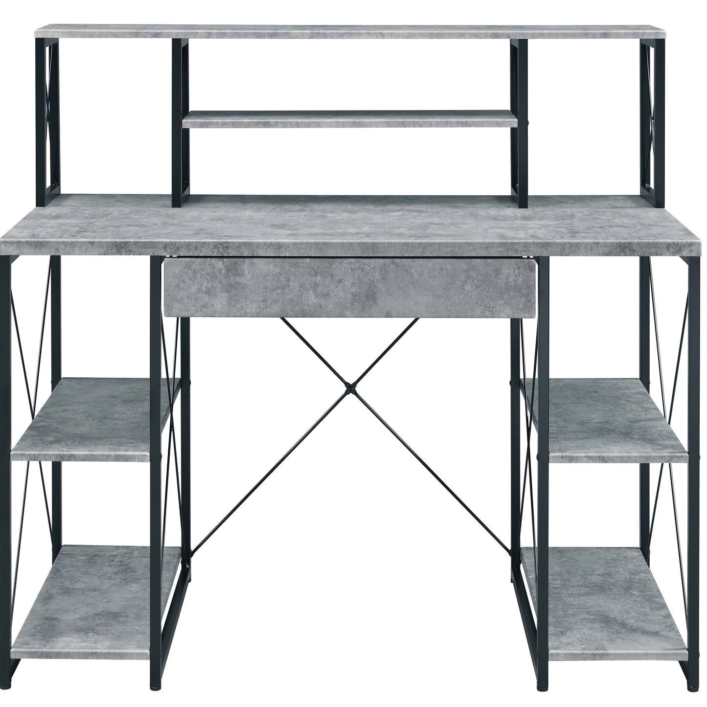 Industrial style computer desk with gray concrete finish and black metal frame includes shelves and drawer