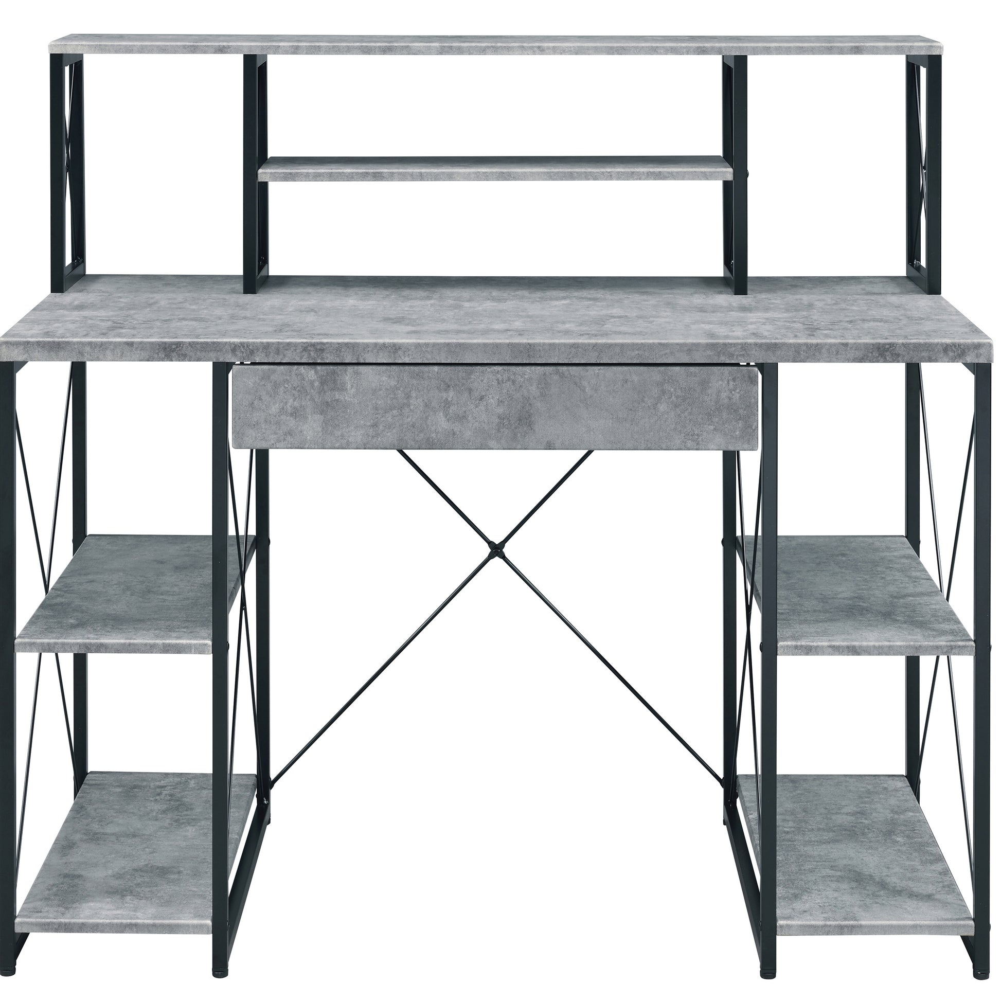 Industrial style computer desk with gray concrete finish and black metal frame includes shelves and drawer