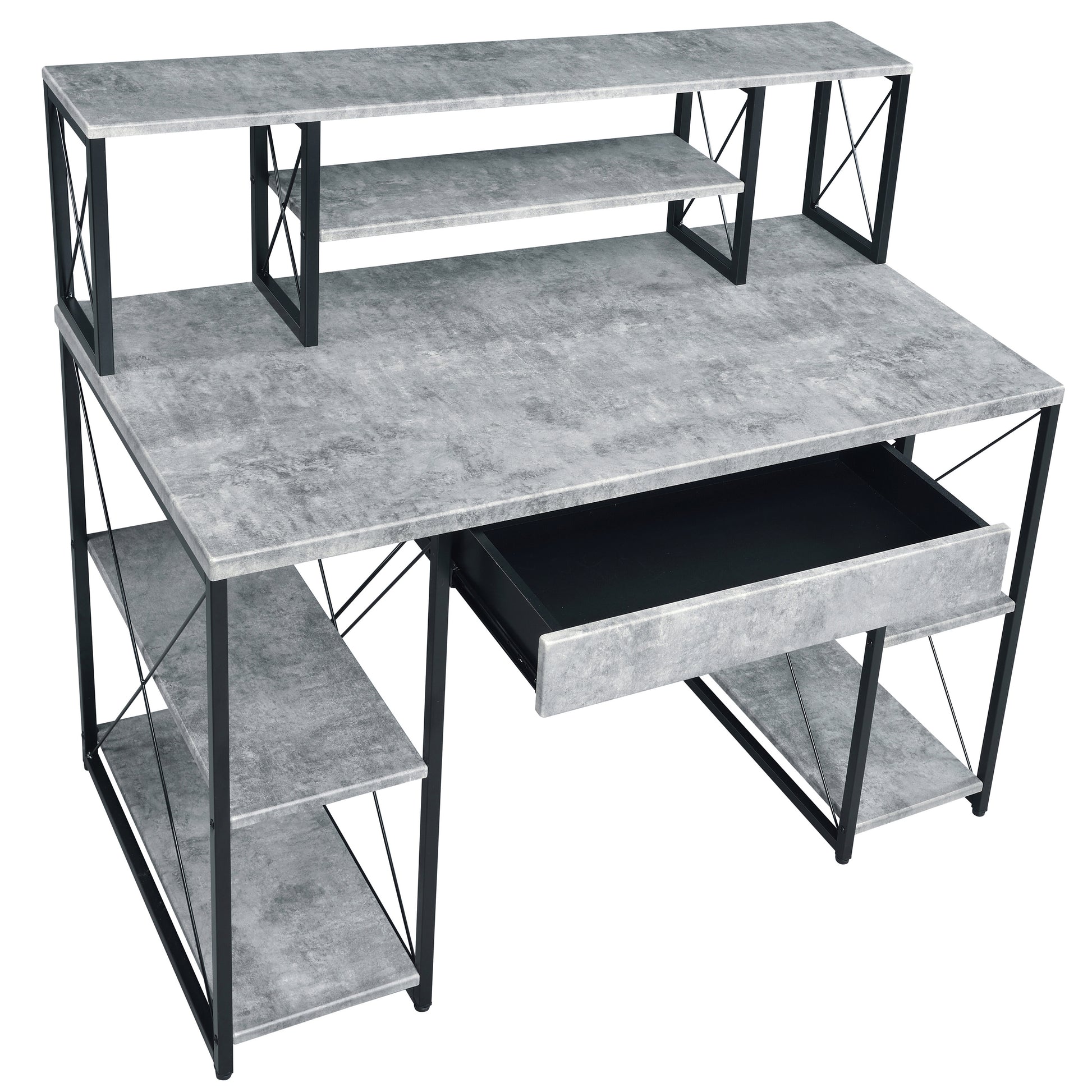 Industrial style desk with concrete gray finish and black metal frame