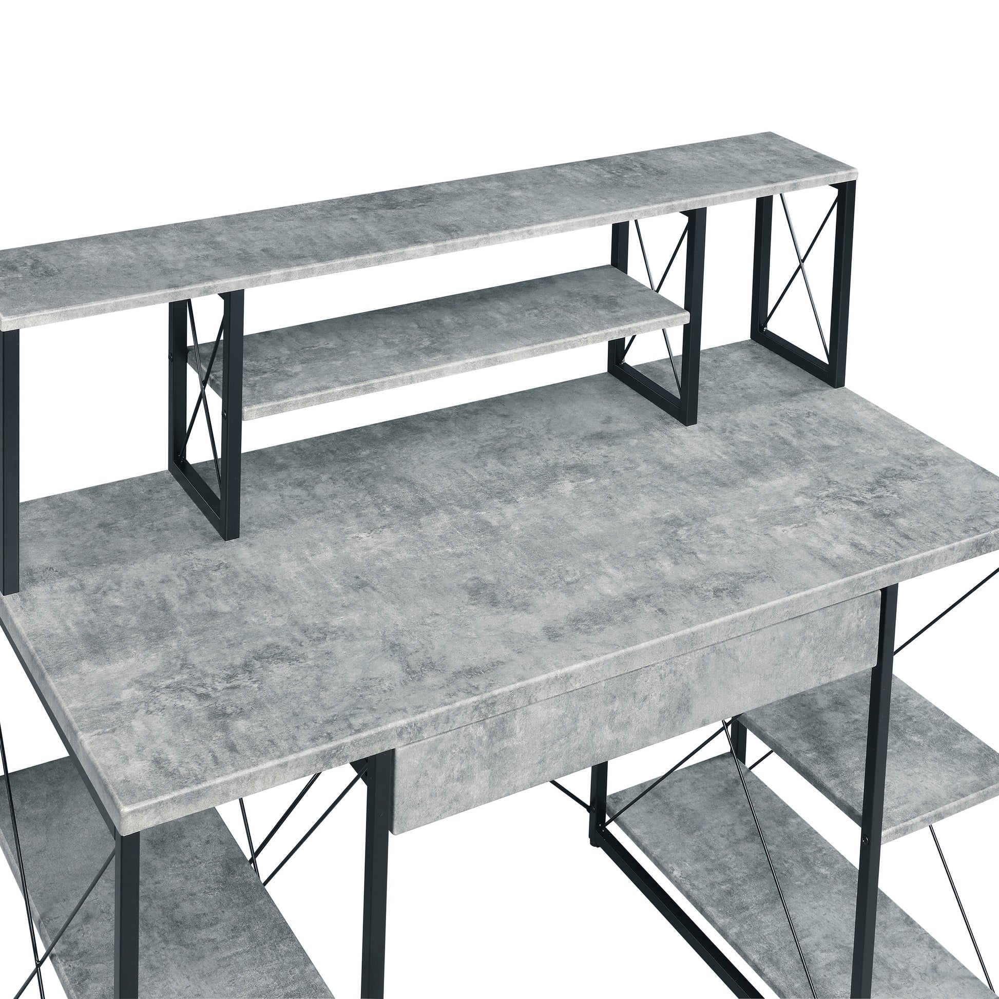Modern concrete finish computer desk with dual shelves and black metal frame