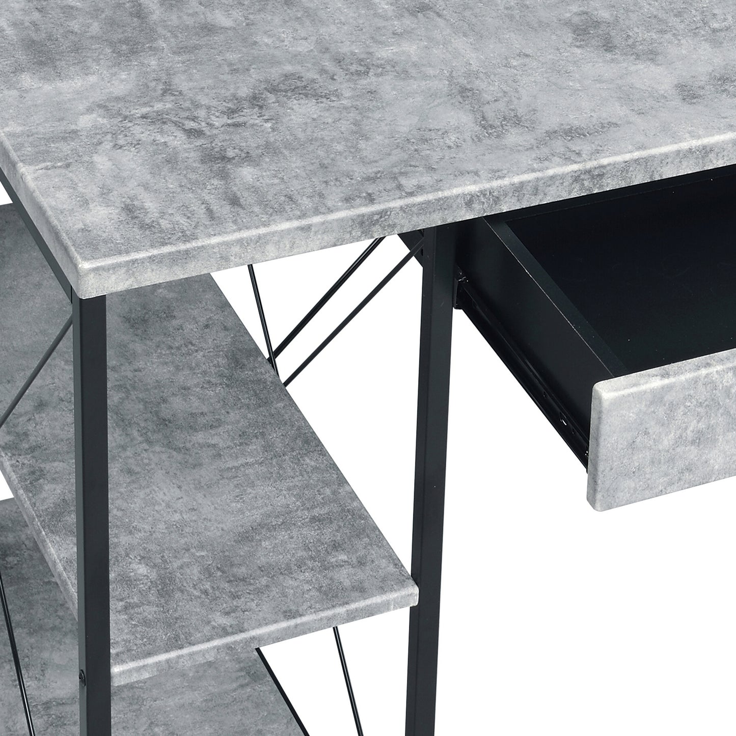 Closeup of a gray concreteeffect desk surface with an open drawer and black metal frame