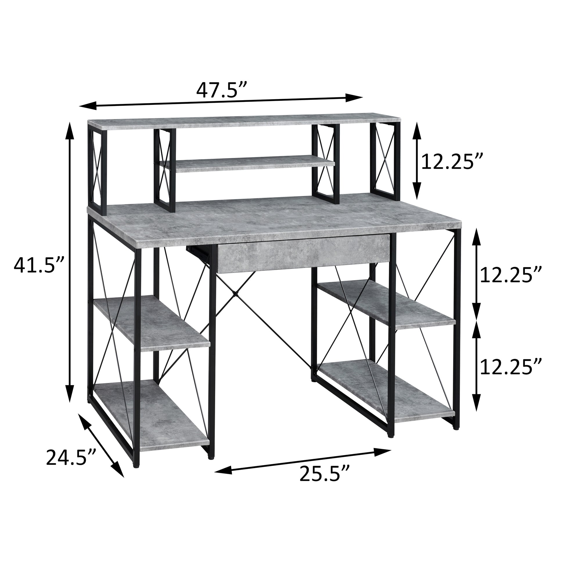 Modern concrete gray computer desk with black metal frame and shelves for home office