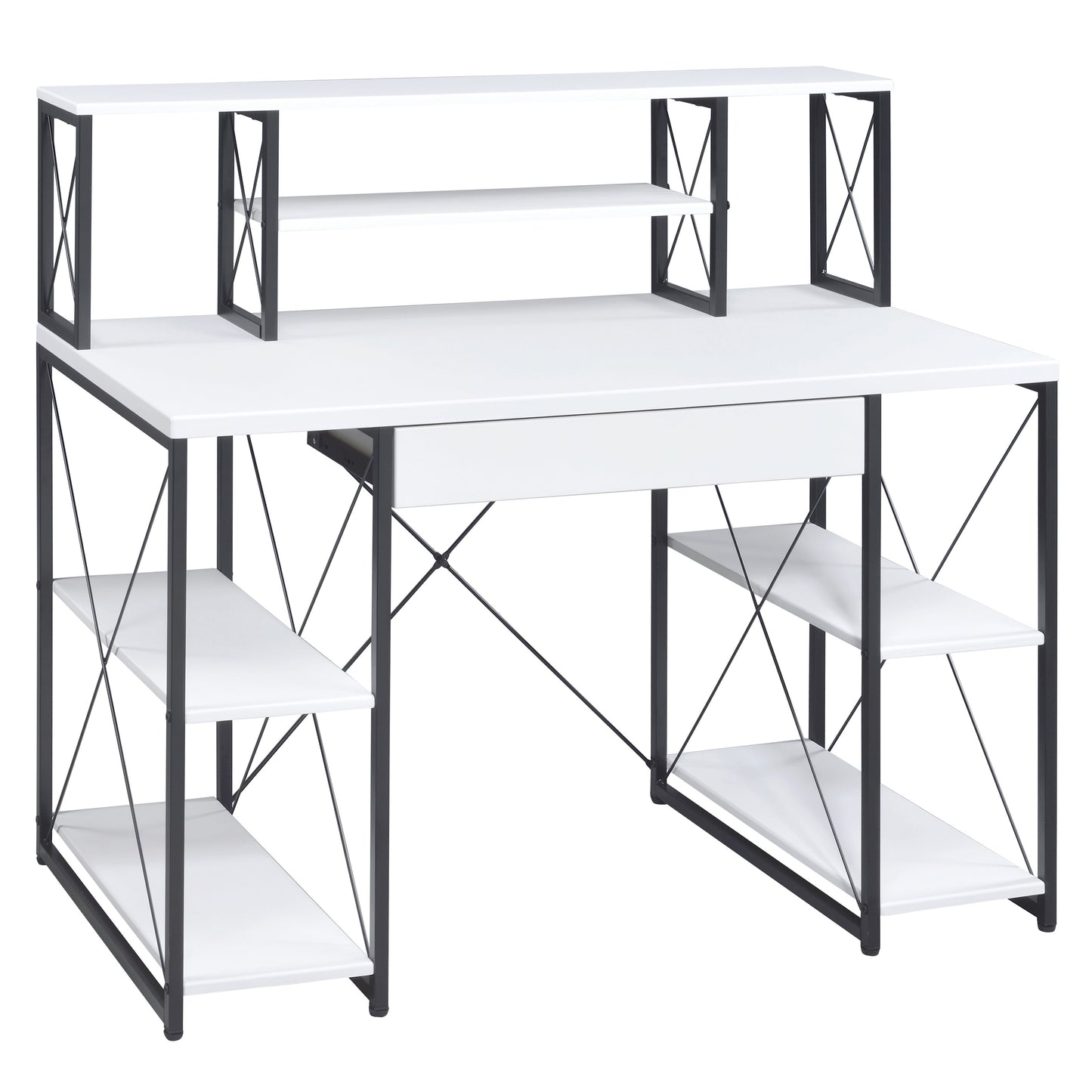 White and black metal computer desk with shelves and drawer