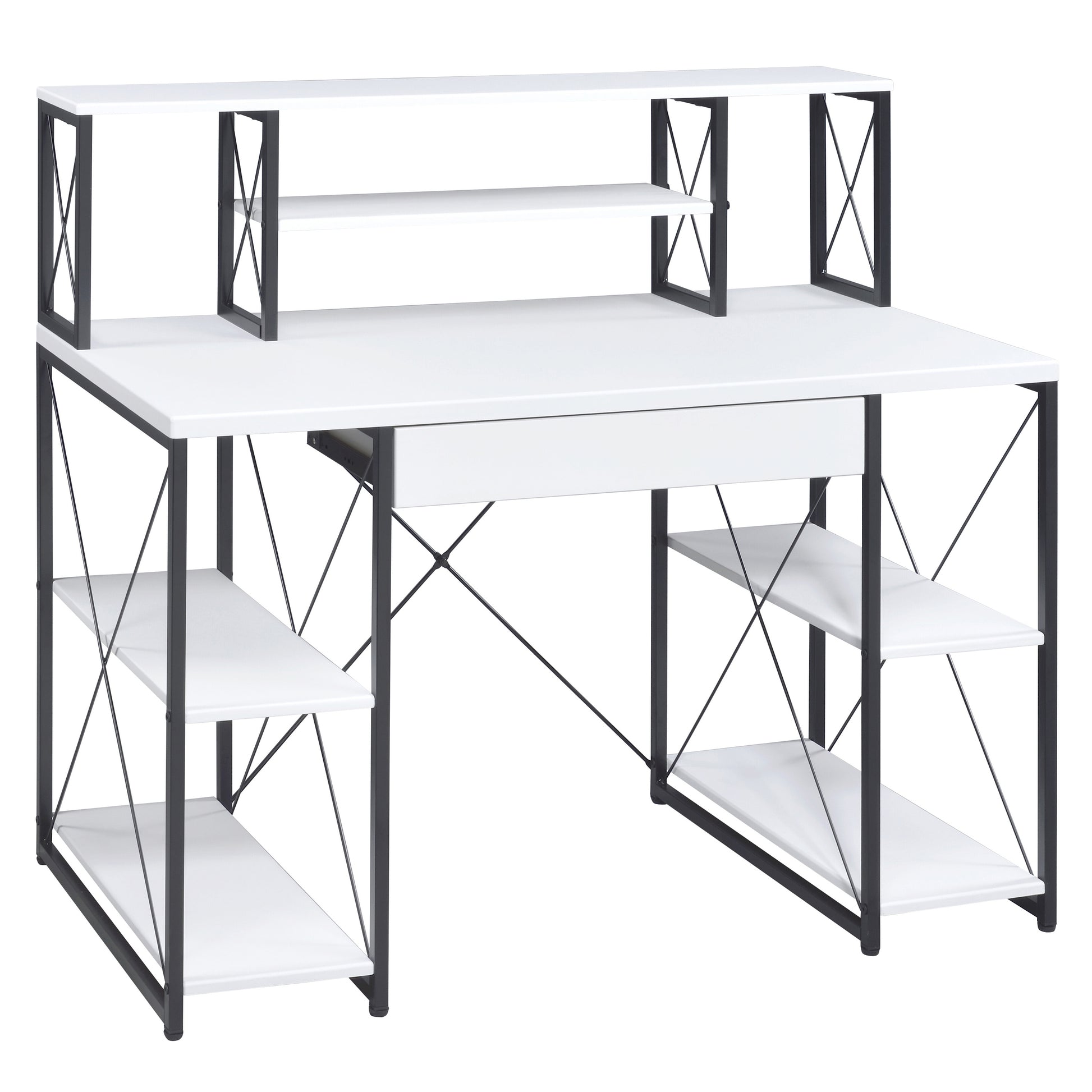 White and black metal computer desk with shelves and drawer