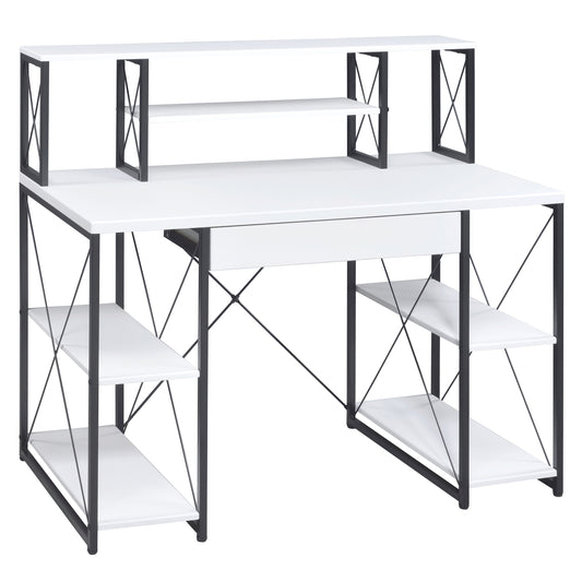 White and black metal computer desk with shelves and drawer