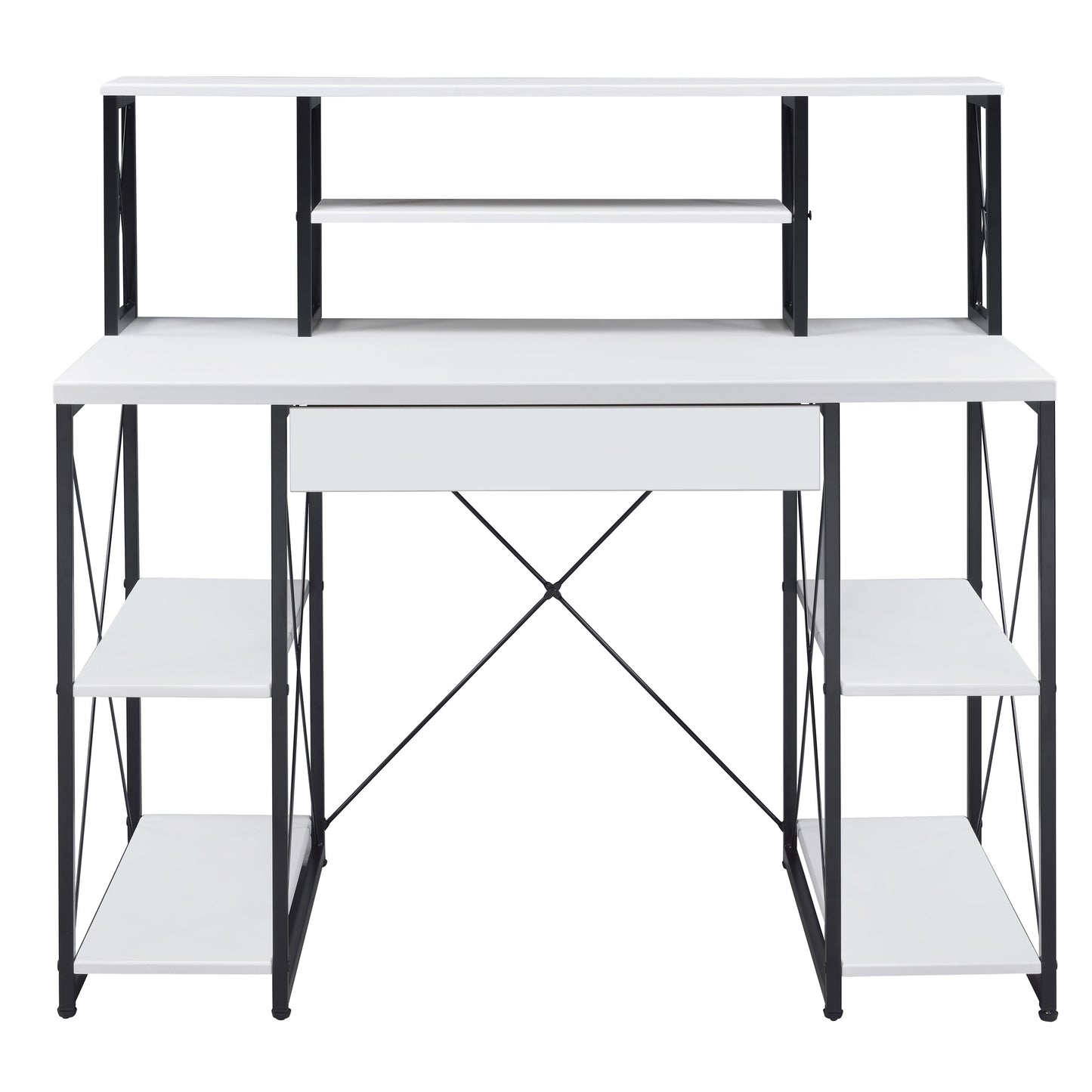Modern white computer desk with black metal frame and storage shelves