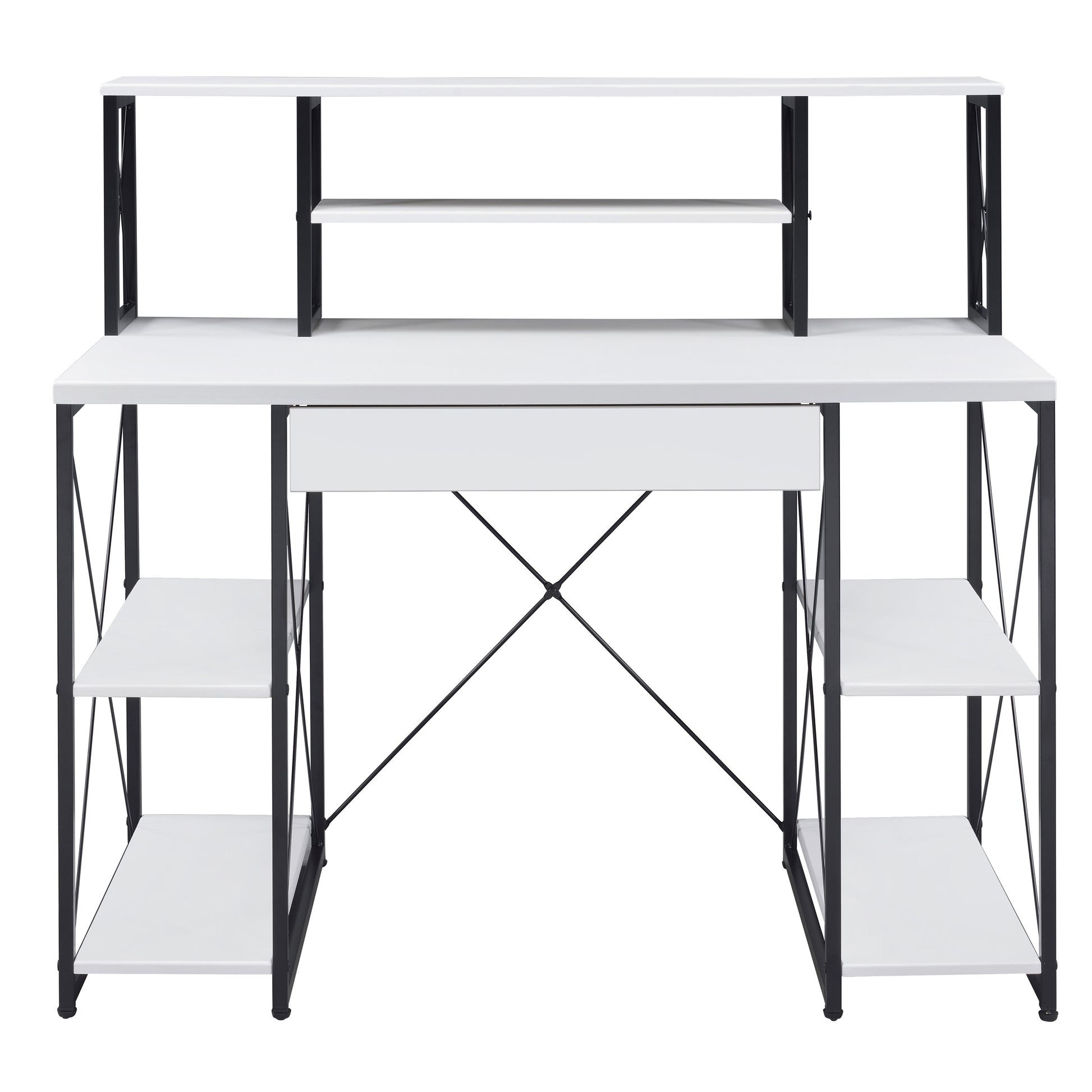 Modern white computer desk with black metal frame and storage shelves