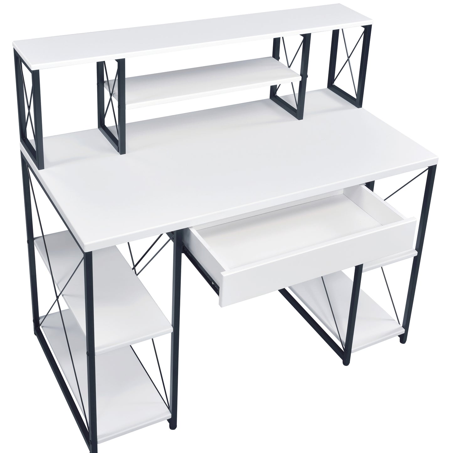 White desk with black metal frame and side shelves featuring a keyboard tray