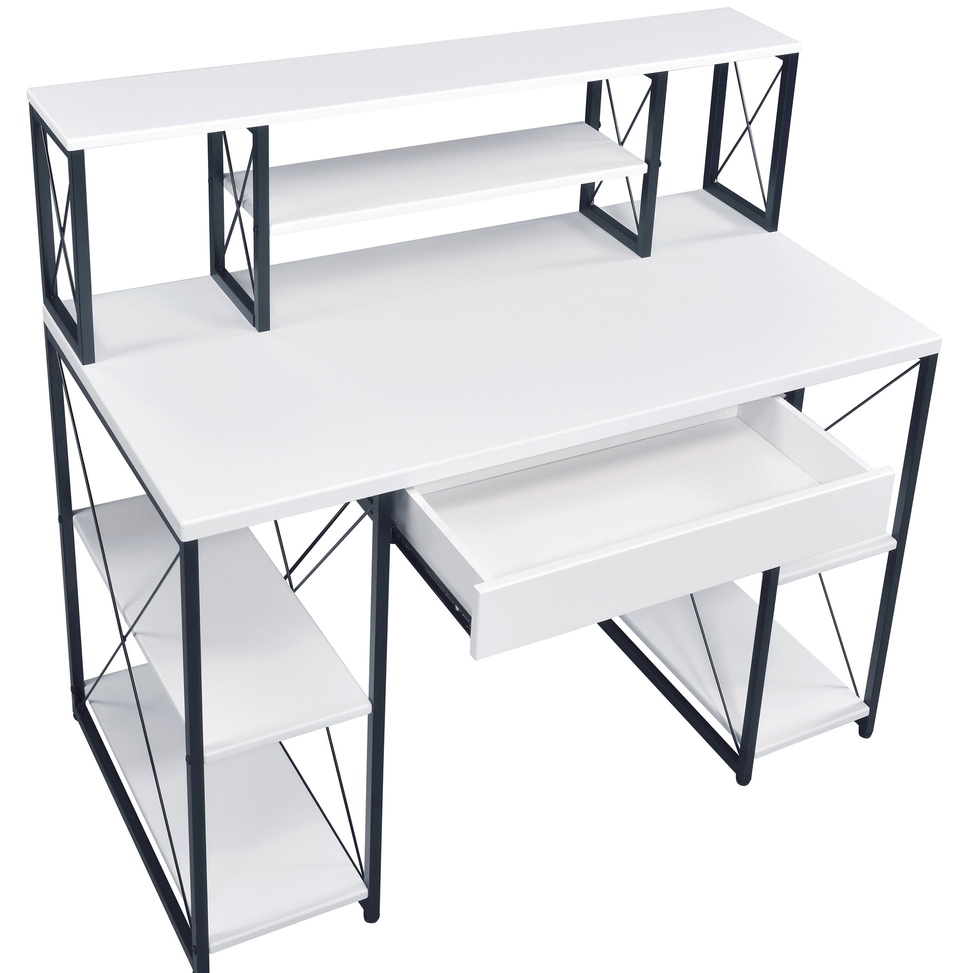 White desk with black metal frame and side shelves featuring a keyboard tray