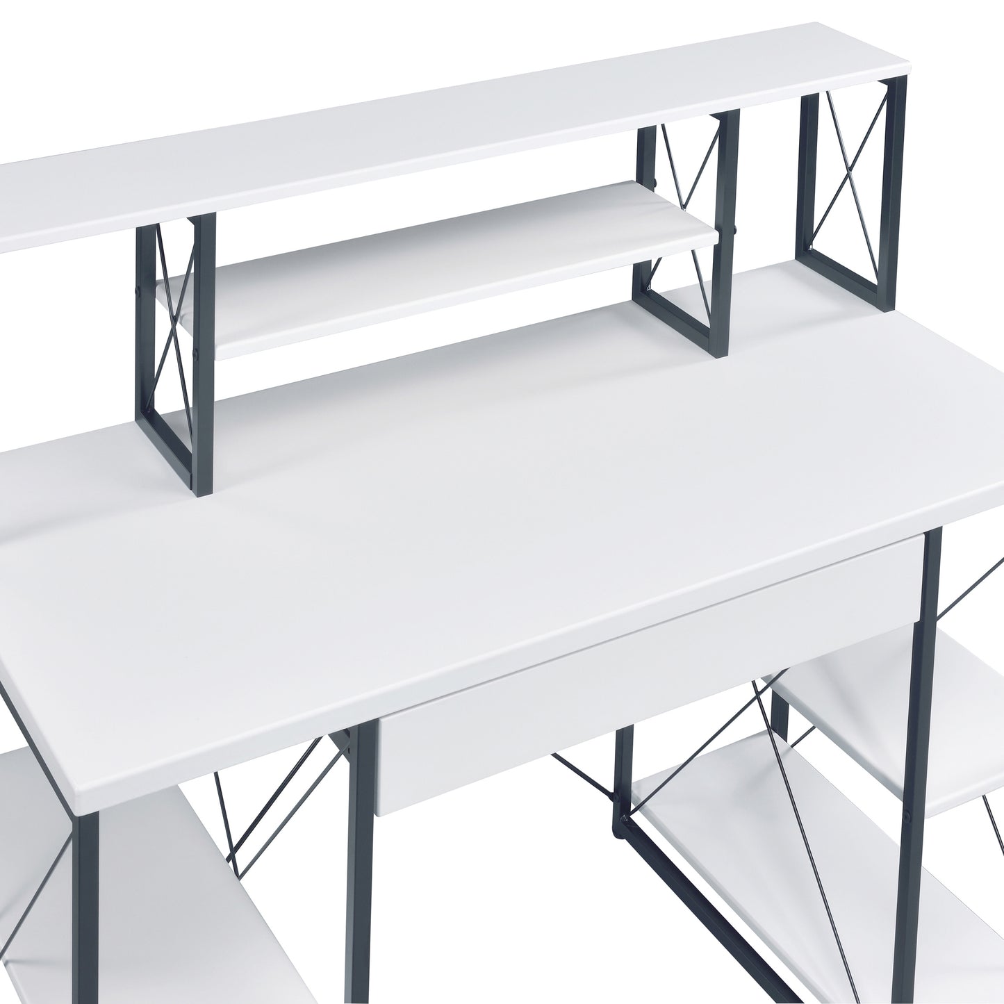 Modern white computer desk with dual monitor shelf and black metal frame